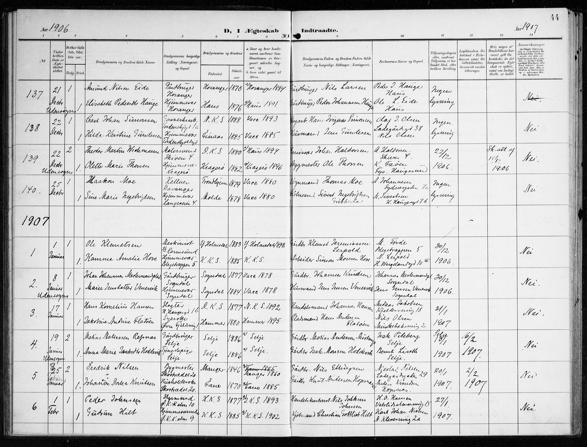 Korskirken sokneprestembete, SAB/A-76101/H/Haa/L0038: Parish register (official) no. D 5, 1904-1919, p. 44