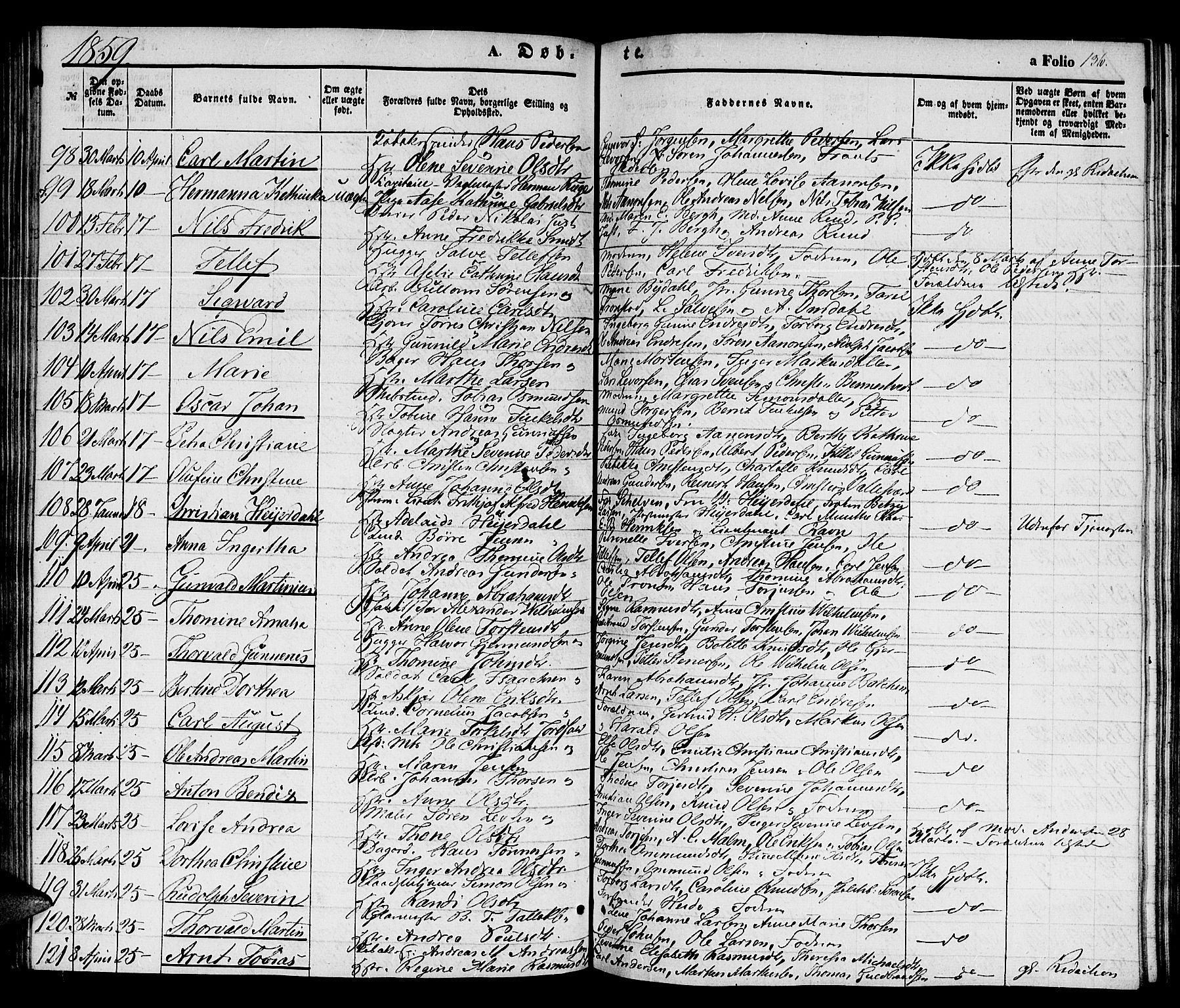 Kristiansand domprosti, SAK/1112-0006/F/Fb/L0011: Parish register (copy) no. B 11, 1851-1861, p. 136