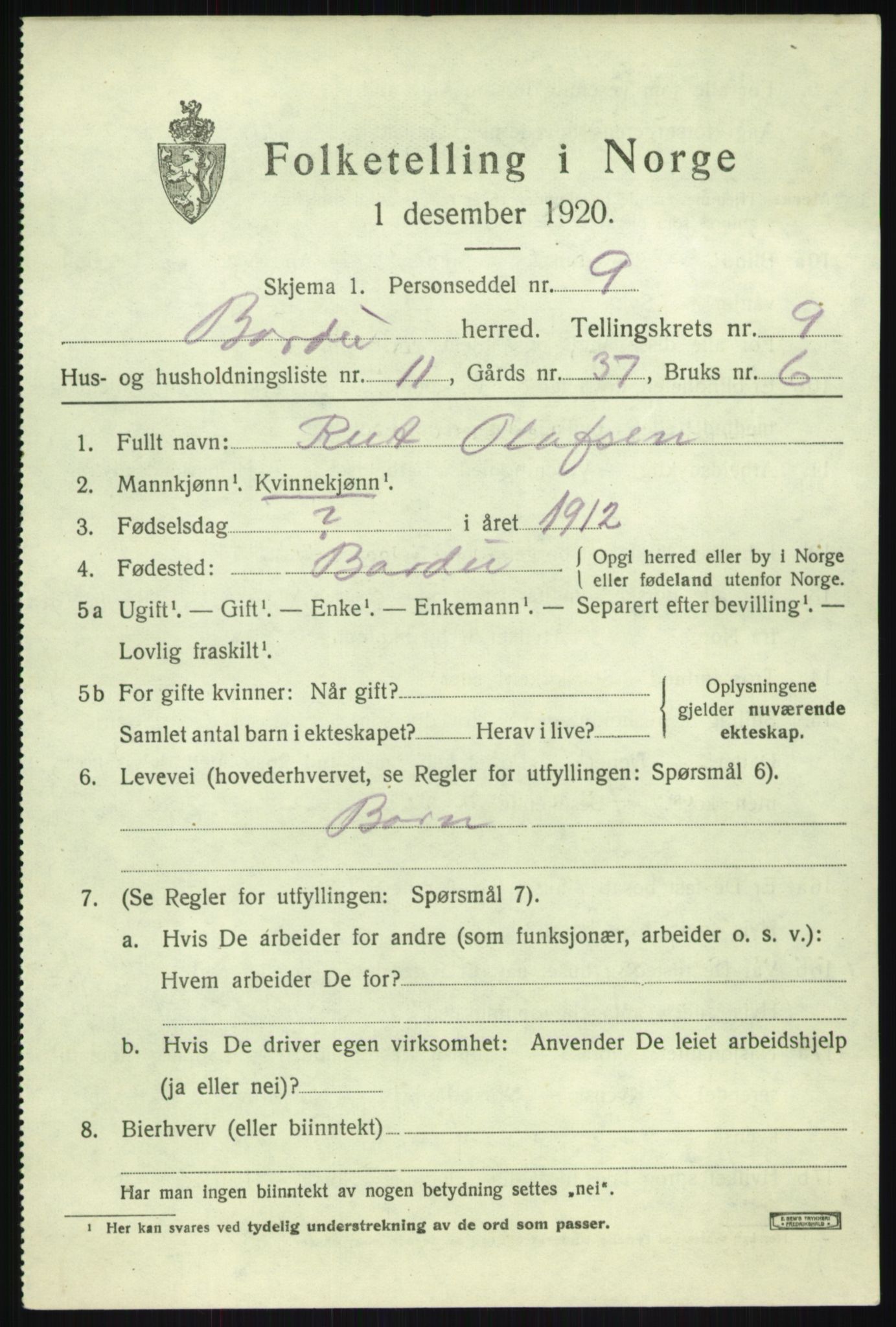 SATØ, 1920 census for Bardu, 1920, p. 3318