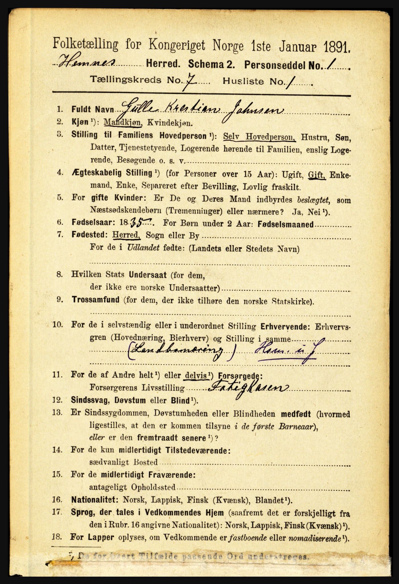 RA, 1891 census for 1832 Hemnes, 1891, p. 3253