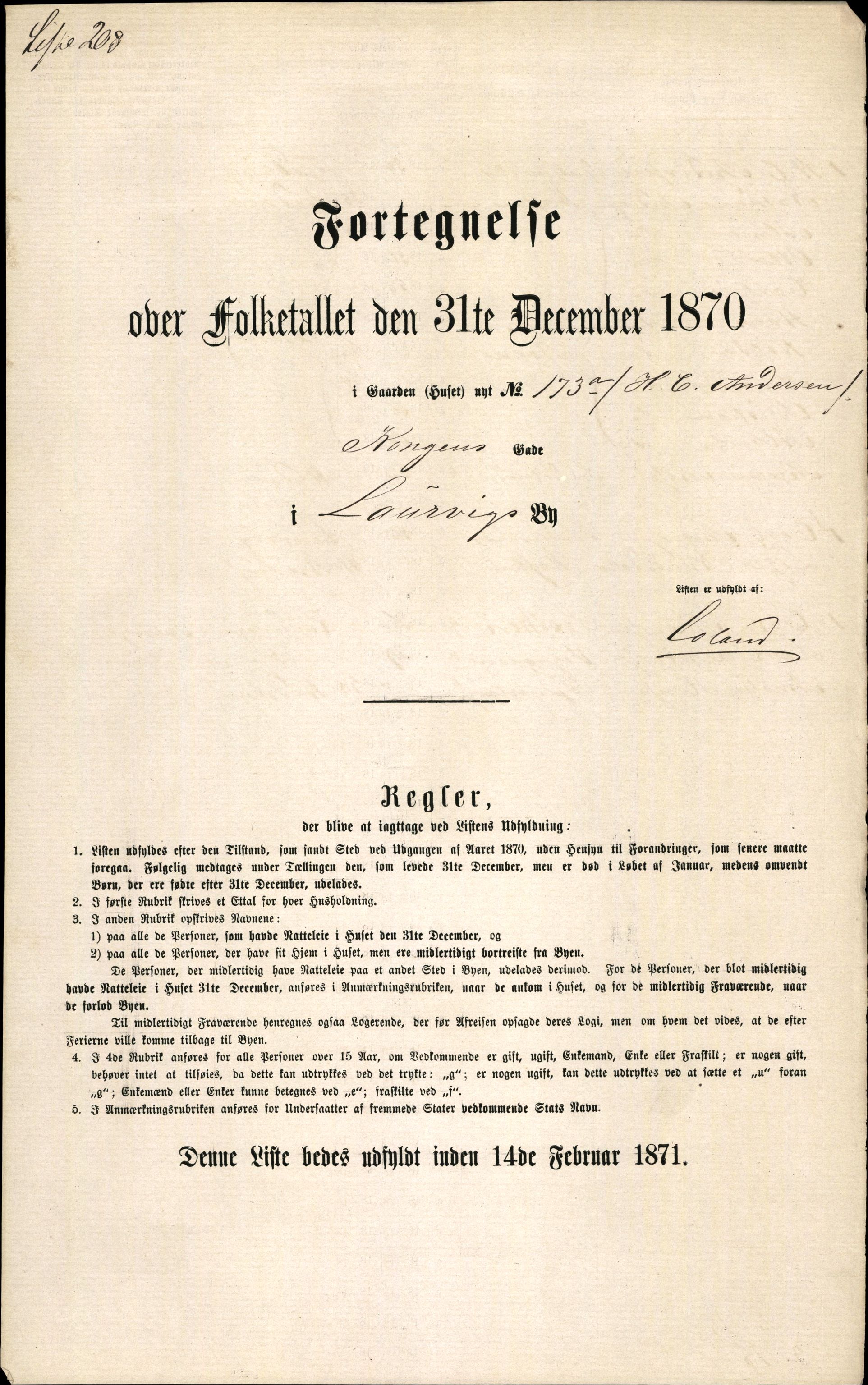 RA, 1870 census for 0707 Larvik, 1870, p. 433