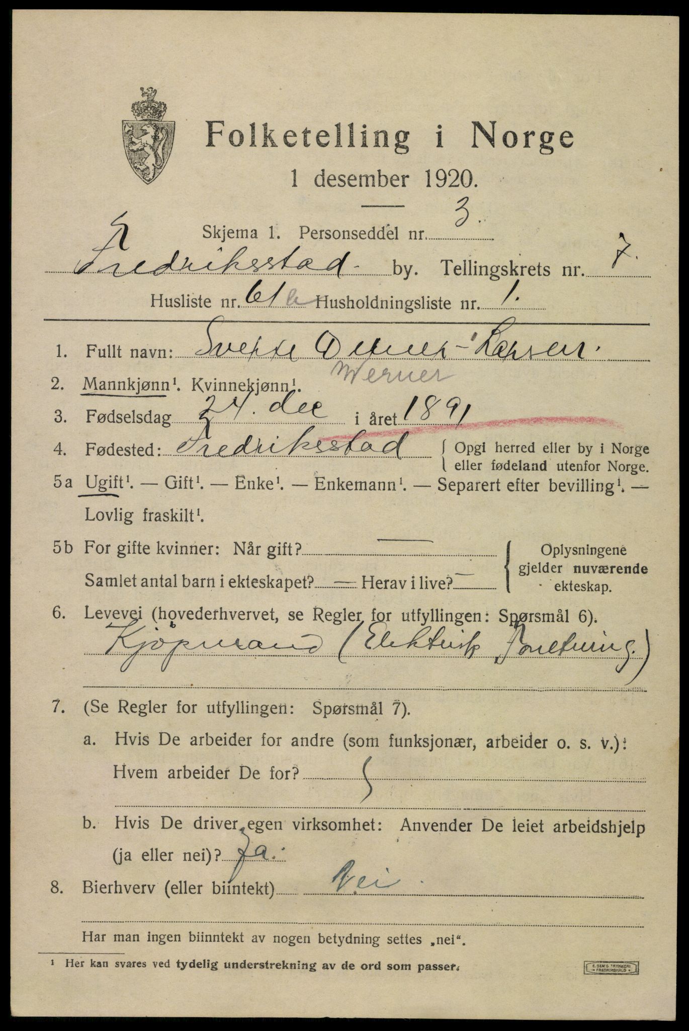 SAO, 1920 census for Fredrikstad, 1920, p. 22889