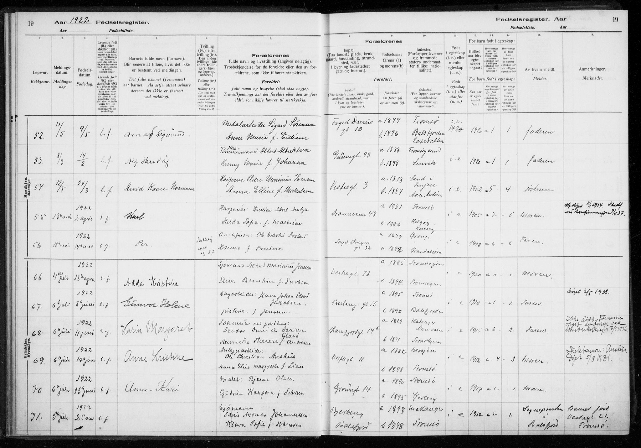 Tromsø sokneprestkontor/stiftsprosti/domprosti, SATØ/S-1343/H/Ha/L0132: Birth register no. 132, 1921-1927, p. 19