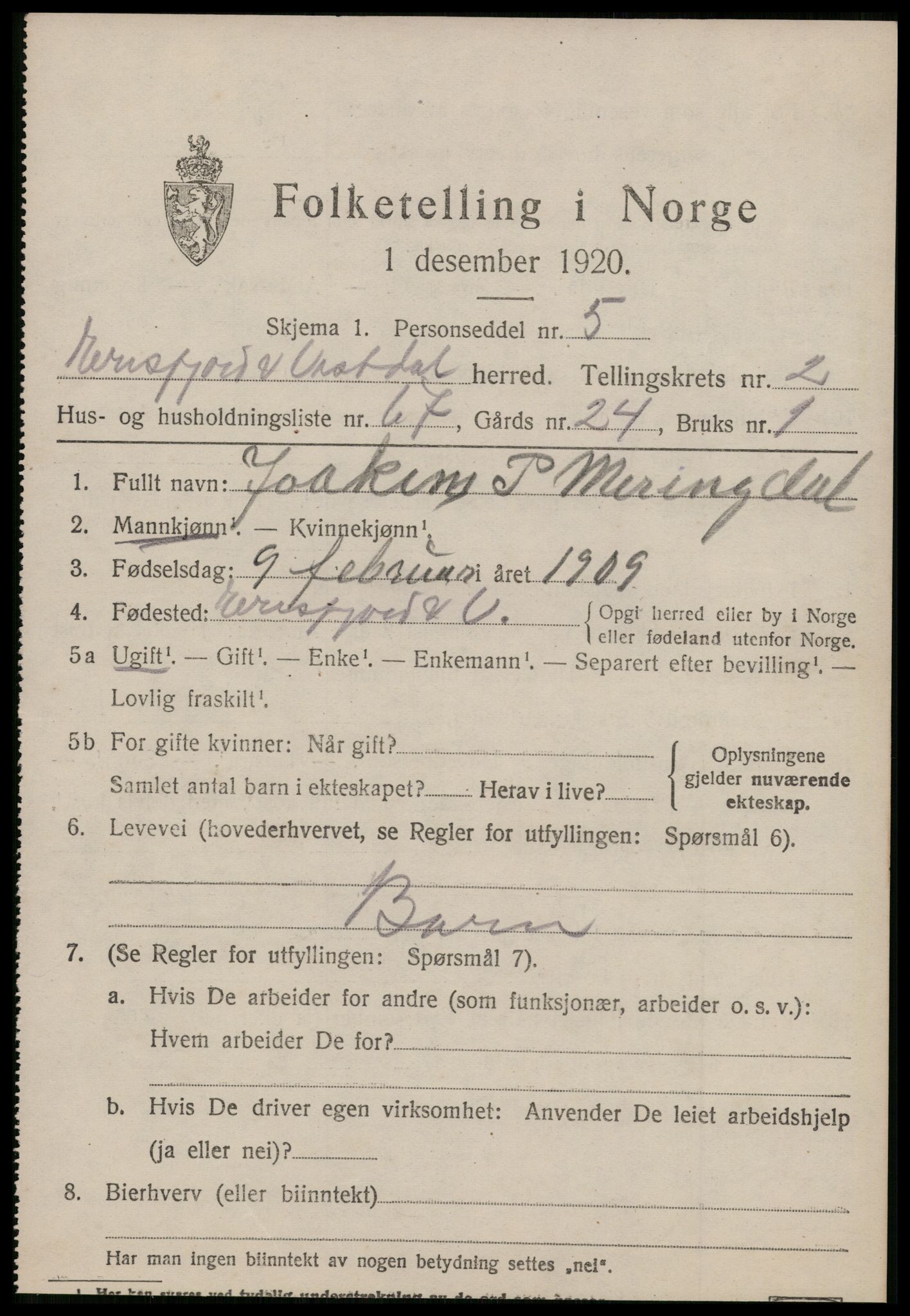 SAT, 1920 census for Eresfjord og Vistdal, 1920, p. 1645