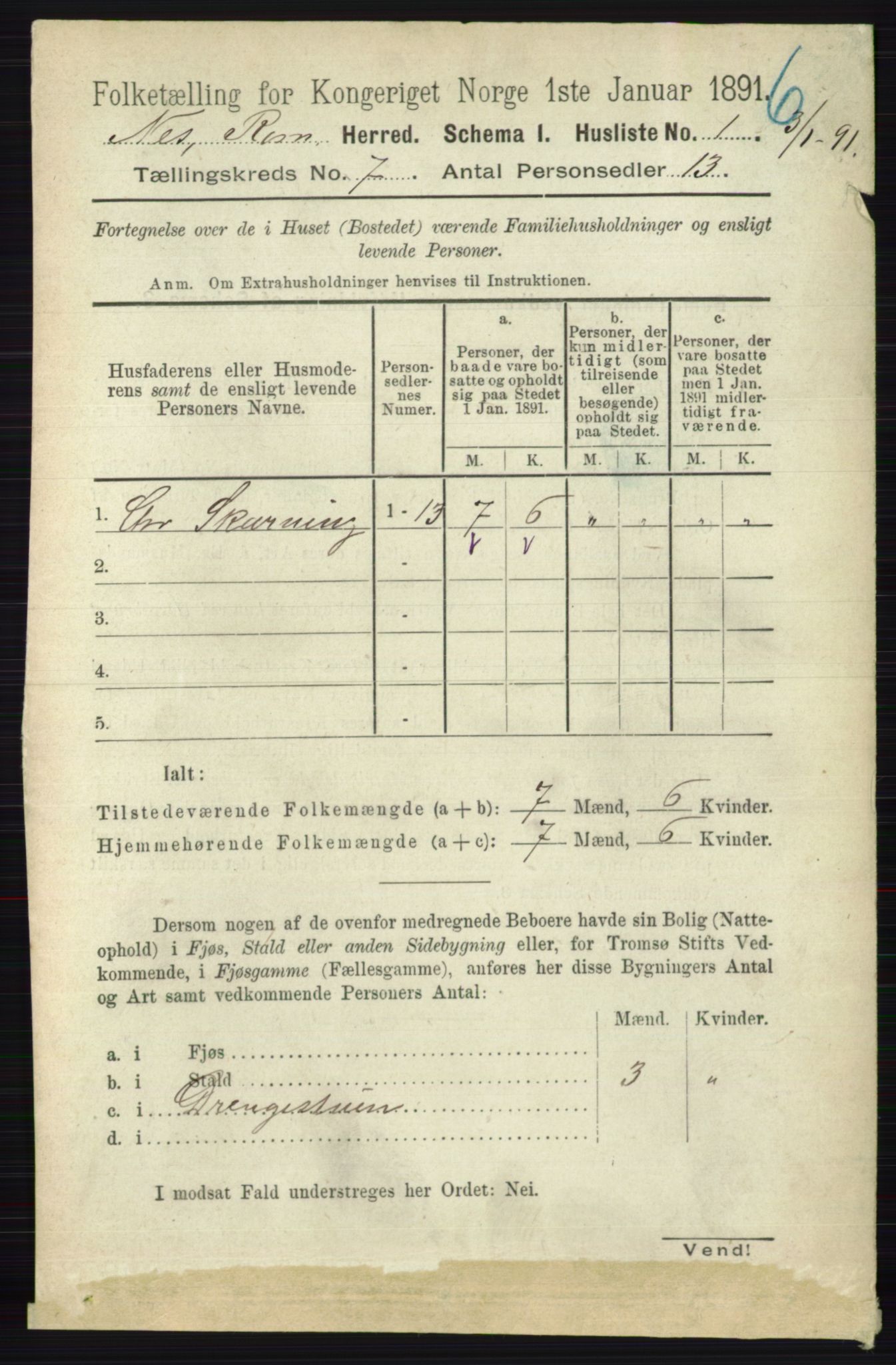 RA, 1891 census for 0236 Nes, 1891, p. 3942