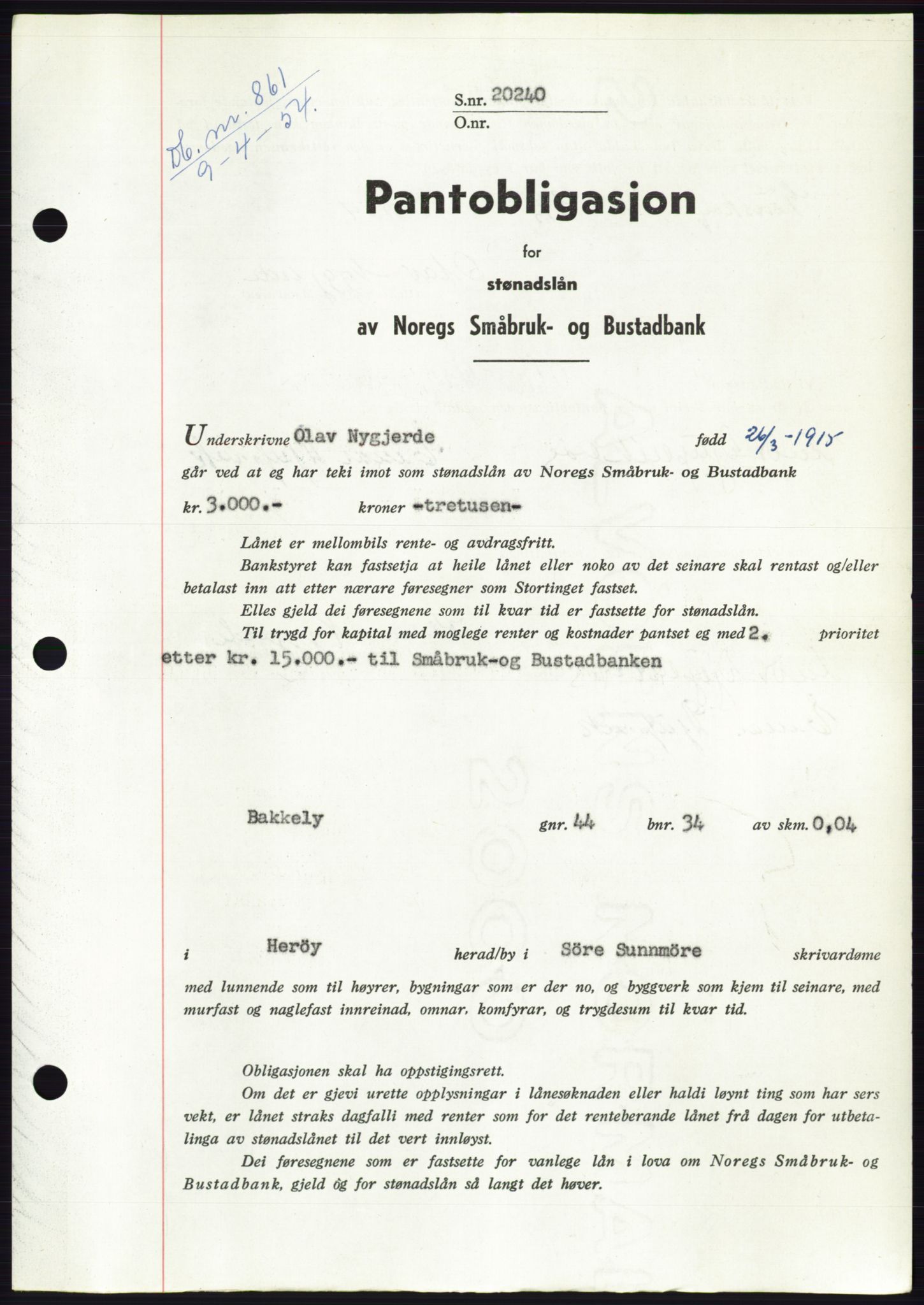 Søre Sunnmøre sorenskriveri, AV/SAT-A-4122/1/2/2C/L0124: Mortgage book no. 12B, 1953-1954, Diary no: : 861/1954