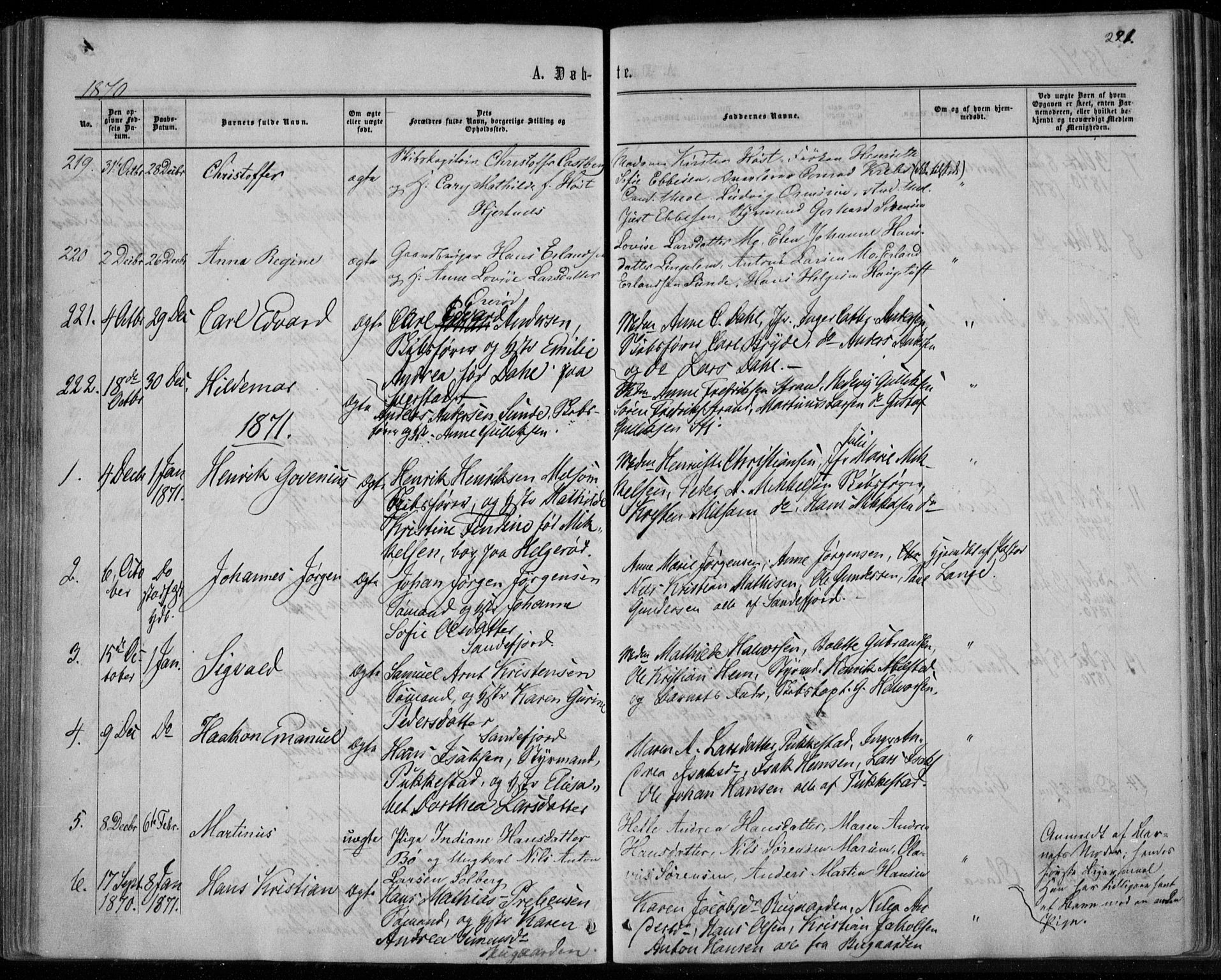 Sandar kirkebøker, SAKO/A-243/F/Fa/L0008: Parish register (official) no. 8, 1862-1871, p. 221