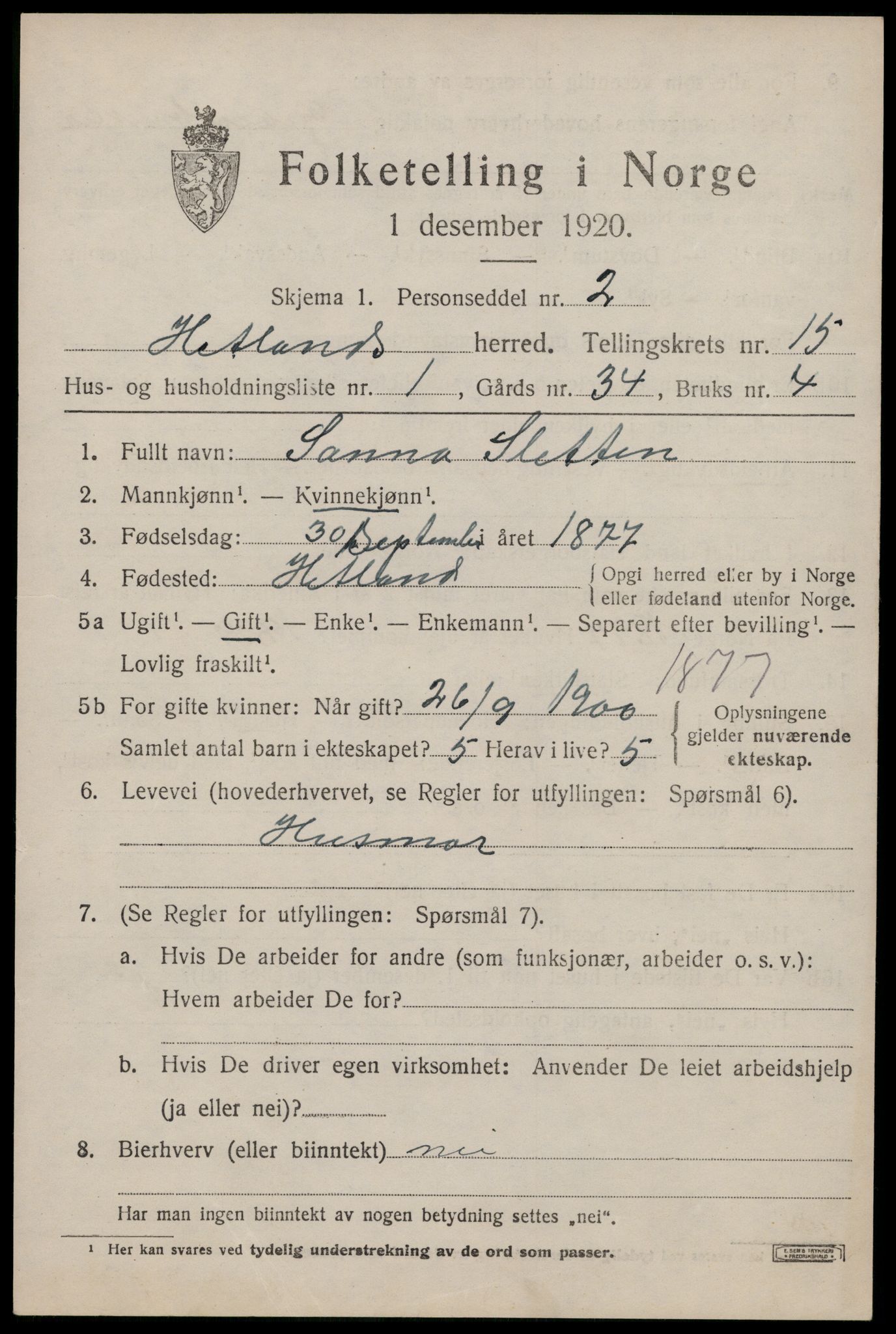 SAST, 1920 census for Hetland, 1920, p. 22809