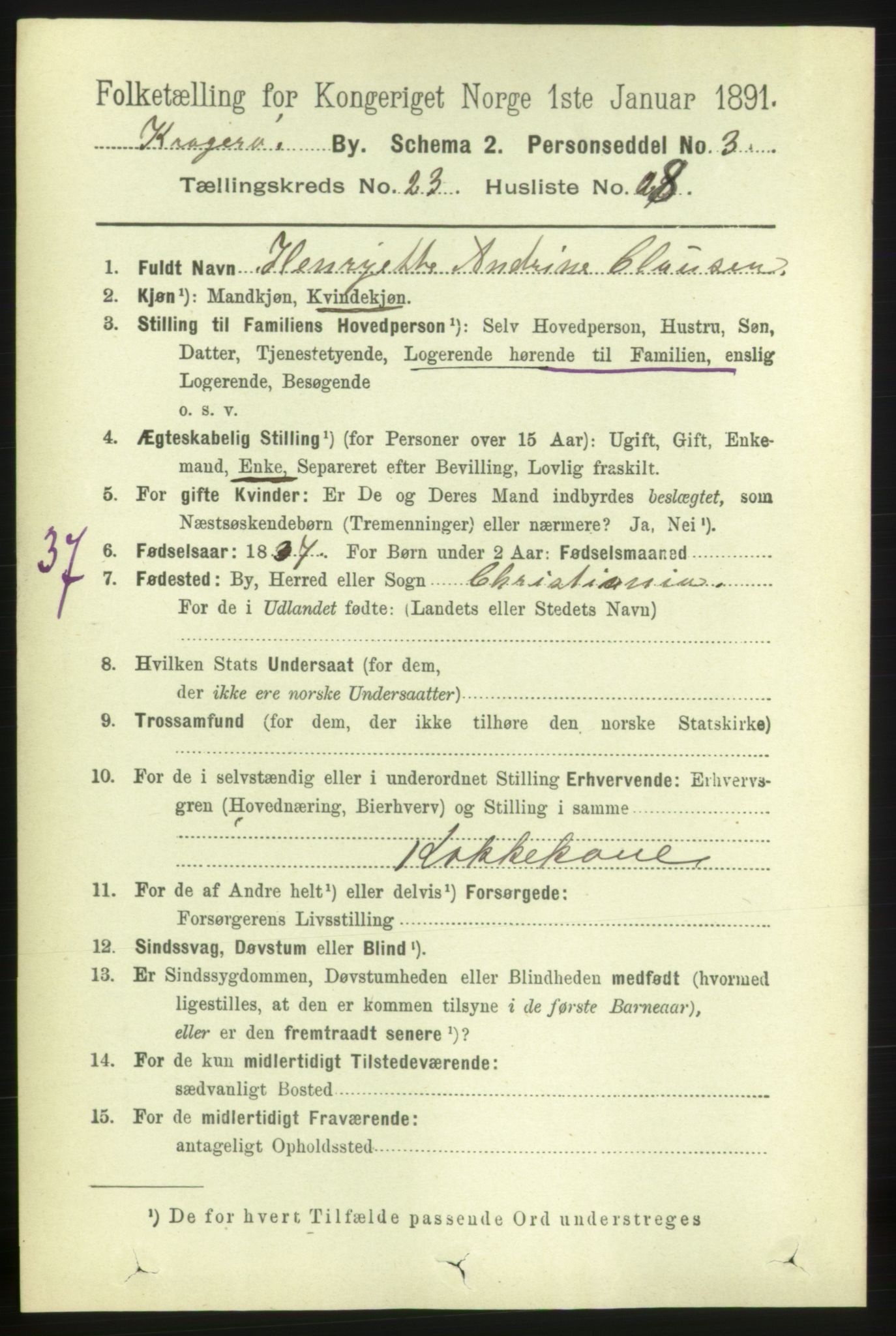 RA, 1891 census for 0801 Kragerø, 1891, p. 4985