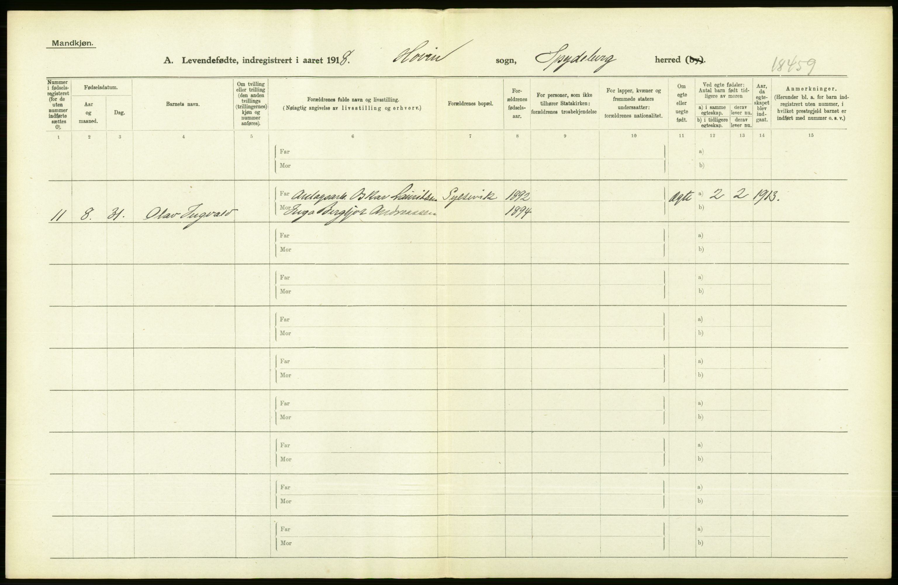 Statistisk sentralbyrå, Sosiodemografiske emner, Befolkning, RA/S-2228/D/Df/Dfb/Dfbh/L0001: Østfold fylke: Levendefødte menn og kvinner. Bygder., 1918, p. 324