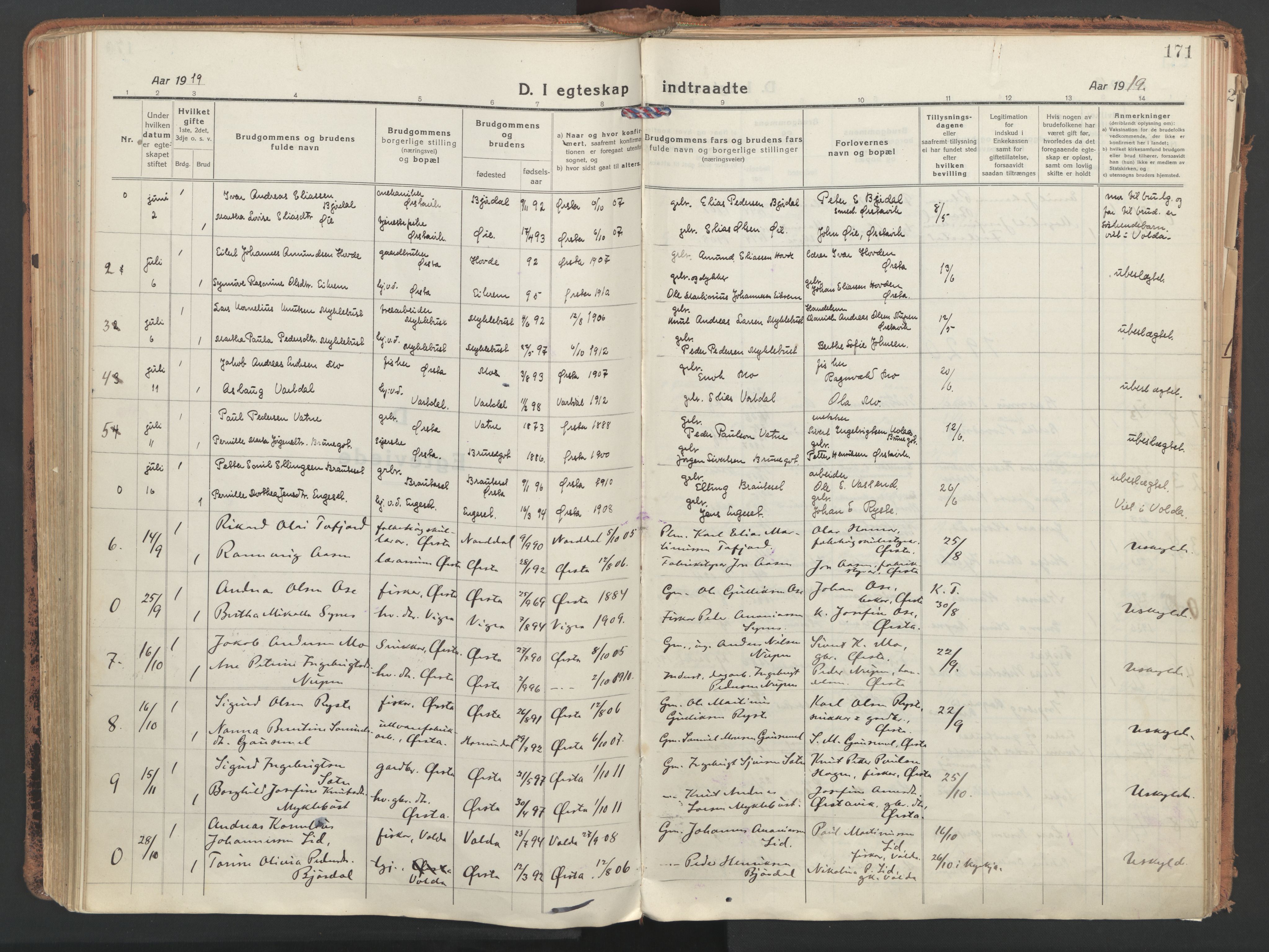 Ministerialprotokoller, klokkerbøker og fødselsregistre - Møre og Romsdal, SAT/A-1454/513/L0180: Parish register (official) no. 513A07, 1919-1929, p. 171