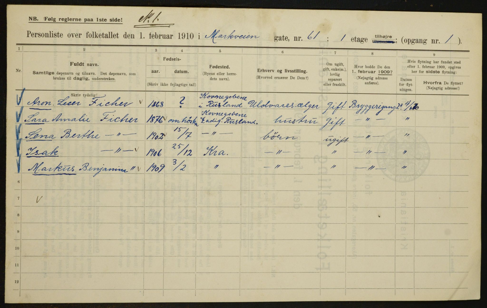 OBA, Municipal Census 1910 for Kristiania, 1910, p. 62315