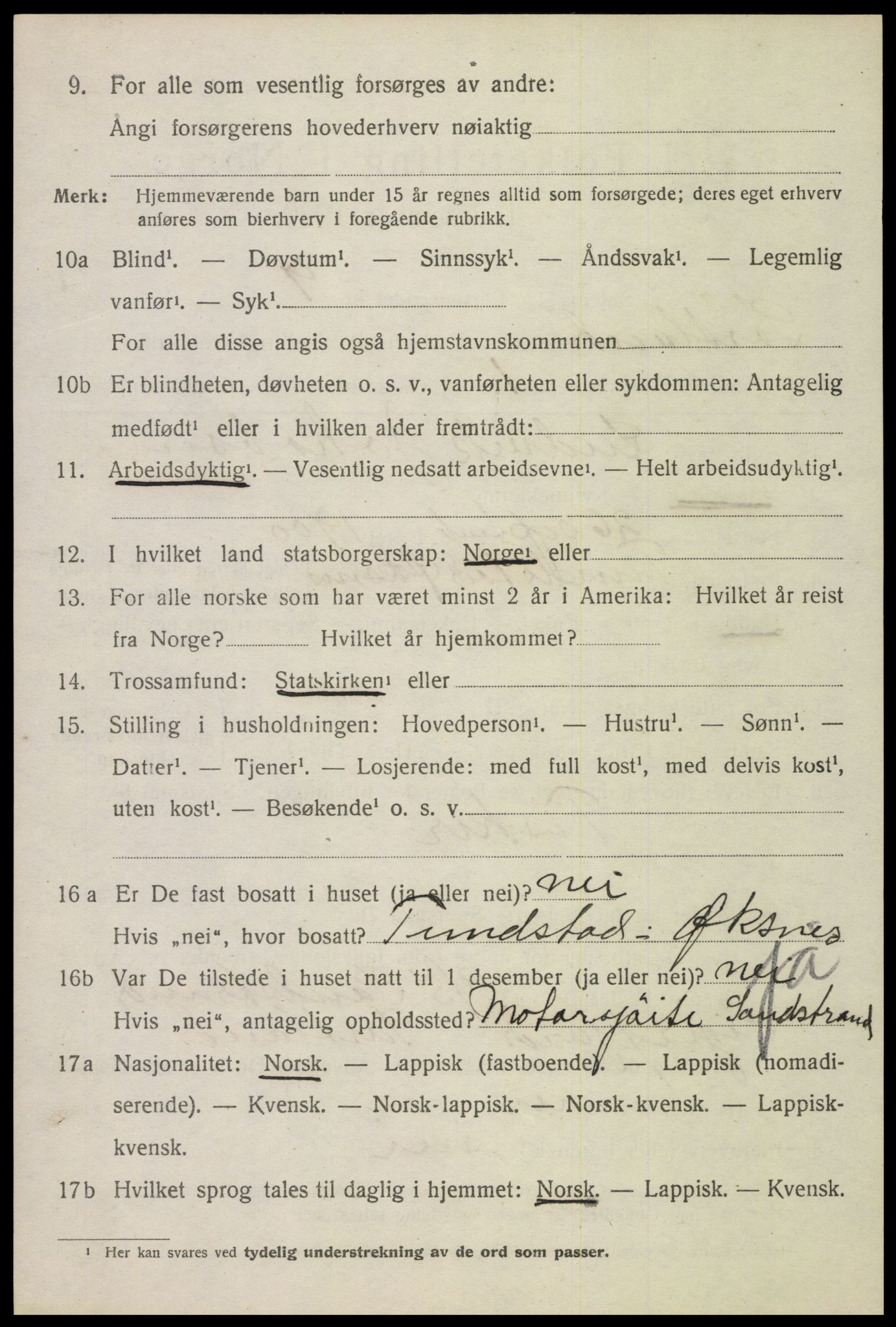 SAT, 1920 census for Sortland, 1920, p. 5489