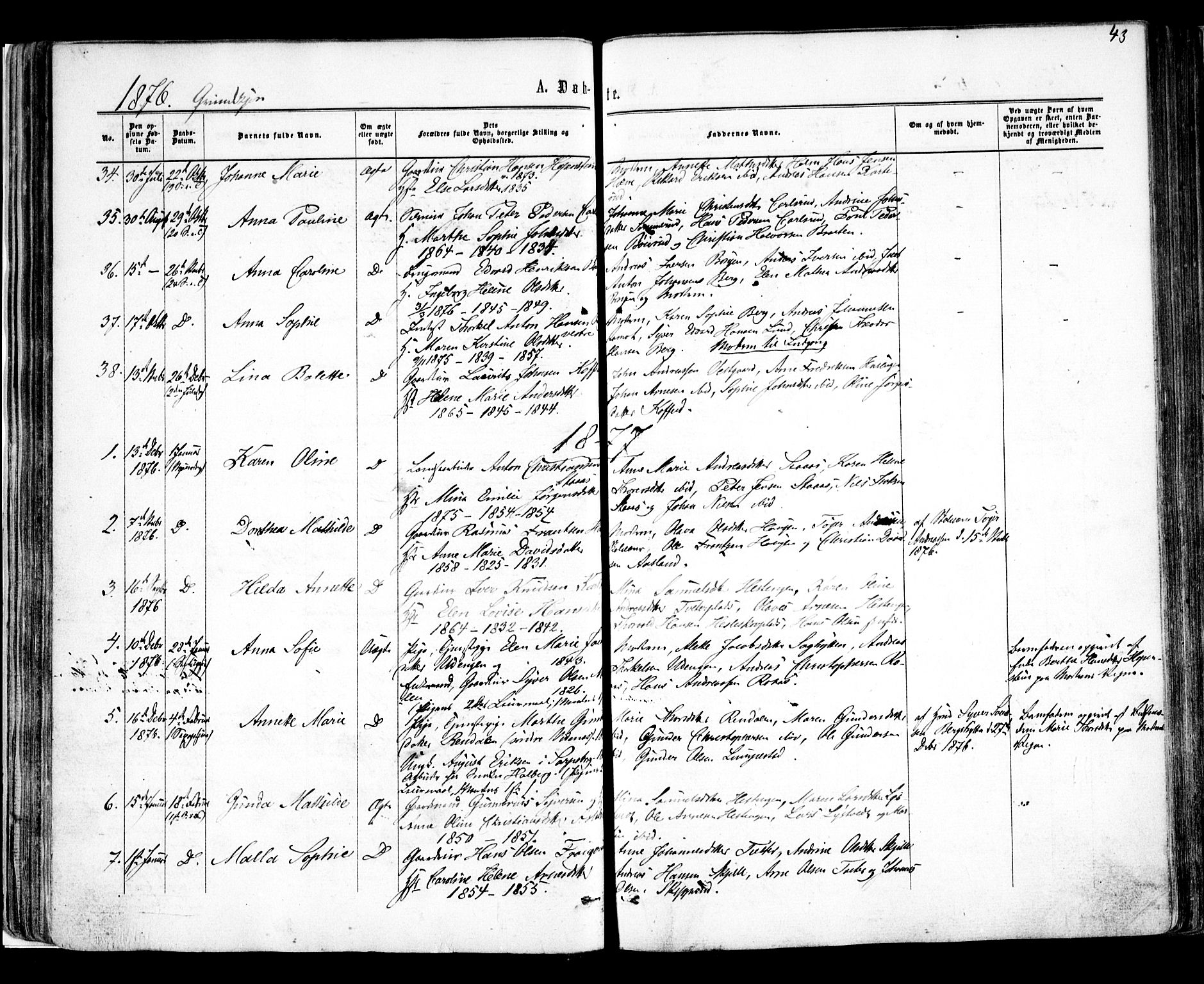 Skiptvet prestekontor Kirkebøker, SAO/A-20009/F/Fa/L0008: Parish register (official) no. 8, 1867-1877, p. 43