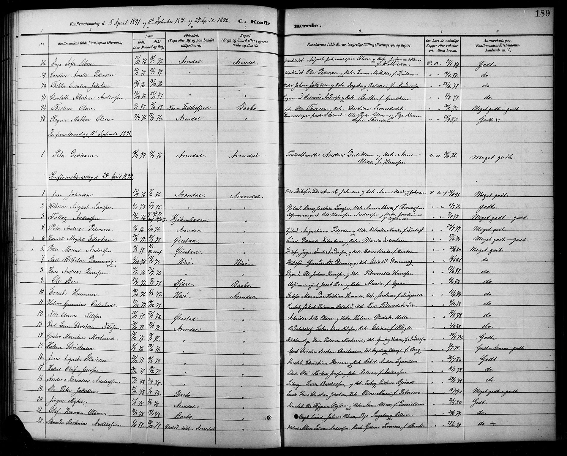 Arendal sokneprestkontor, Trefoldighet, SAK/1111-0040/F/Fb/L0006: Parish register (copy) no. B 6, 1889-1916, p. 189