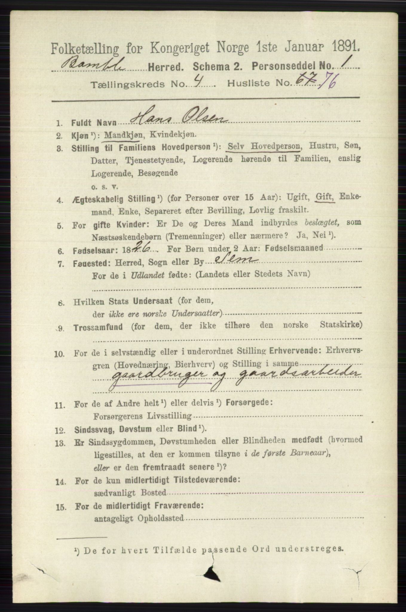 RA, 1891 census for 0814 Bamble, 1891, p. 2166