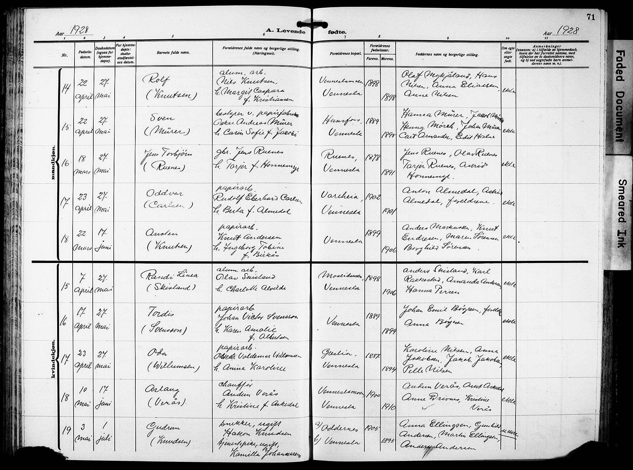 Vennesla sokneprestkontor, AV/SAK-1111-0045/Fb/Fbb/L0007: Parish register (copy) no. B 7, 1922-1933, p. 71