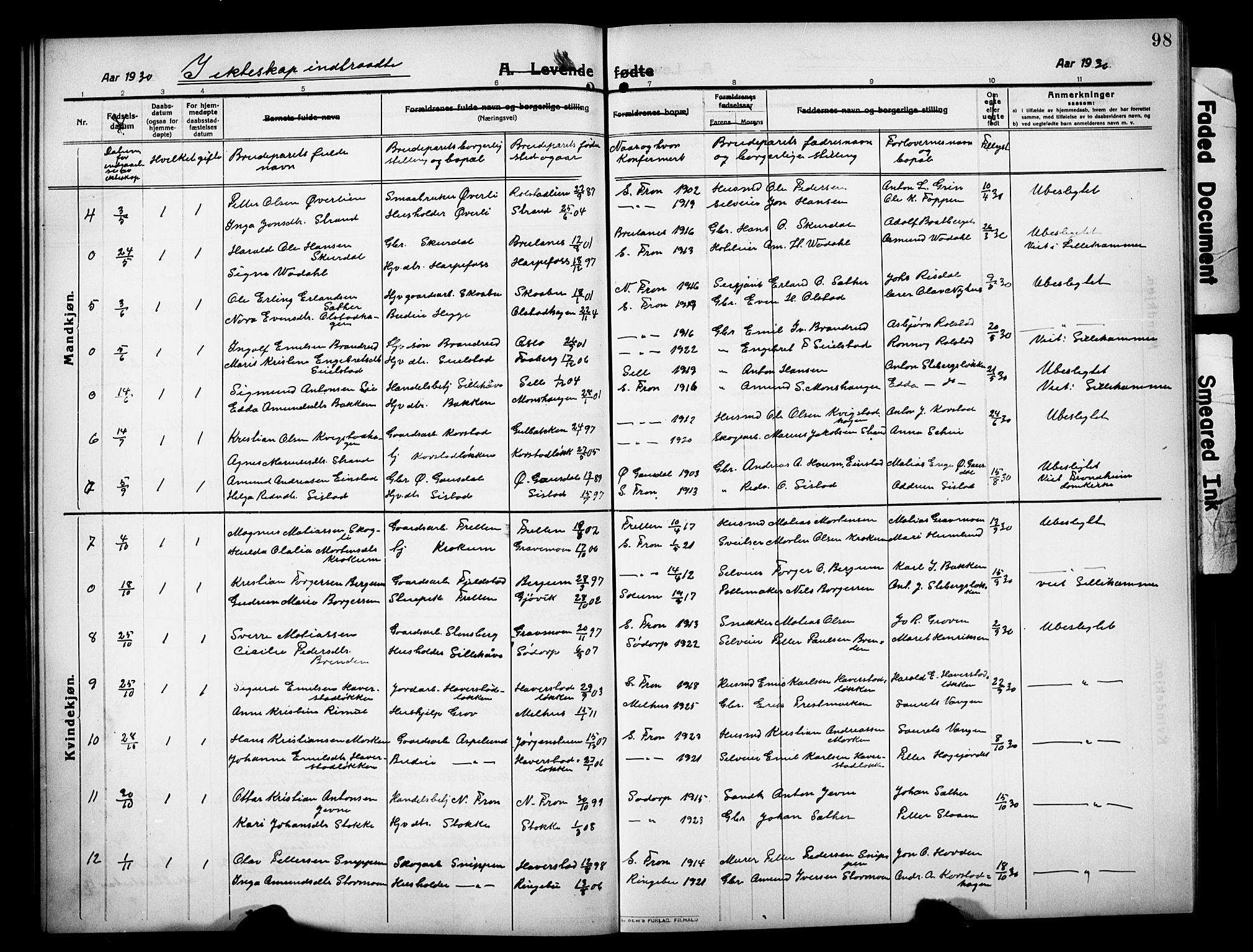 Sør-Fron prestekontor, AV/SAH-PREST-010/H/Ha/Hab/L0005: Parish register (copy) no. 5, 1912-1930, p. 98