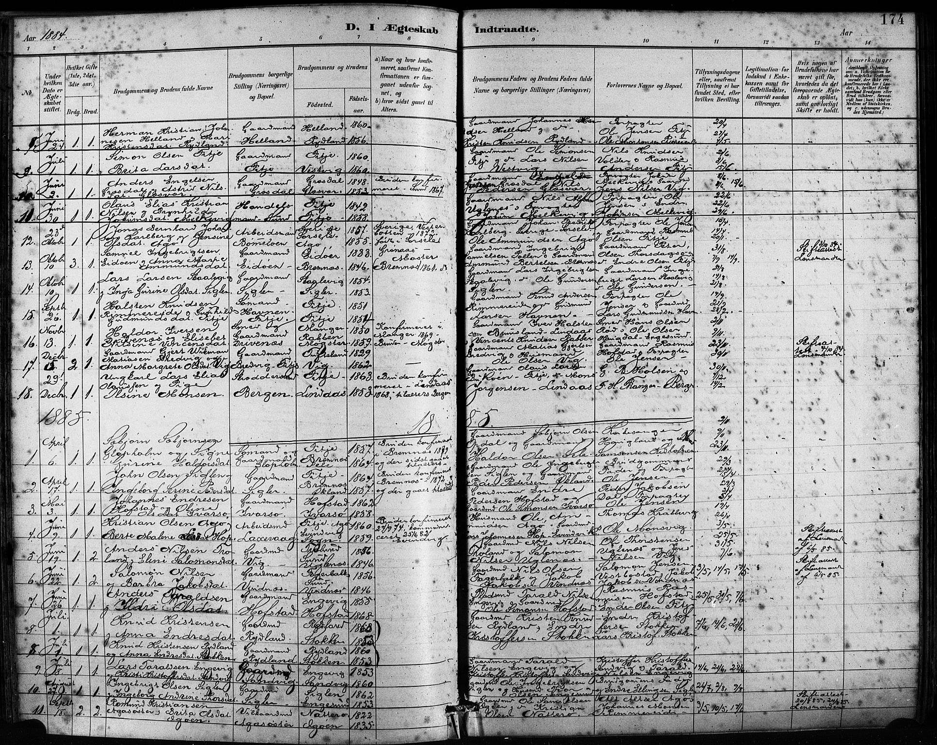 Fitjar sokneprestembete, SAB/A-99926: Parish register (official) no. A 2, 1882-1899, p. 174