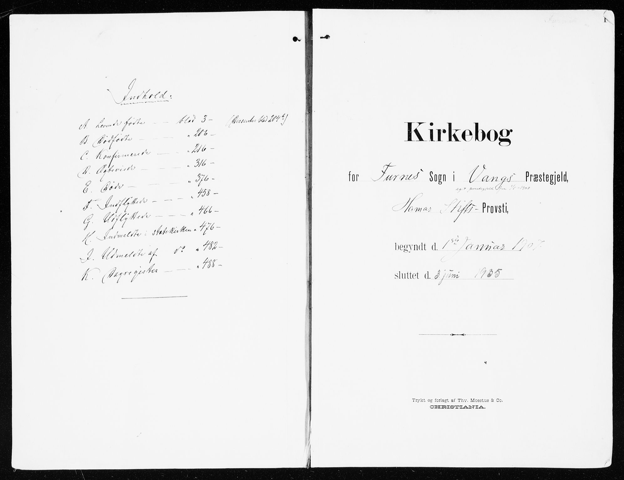 Furnes prestekontor, AV/SAH-PREST-012/K/Ka/L0001: Parish register (official) no. 1, 1907-1935, p. 1