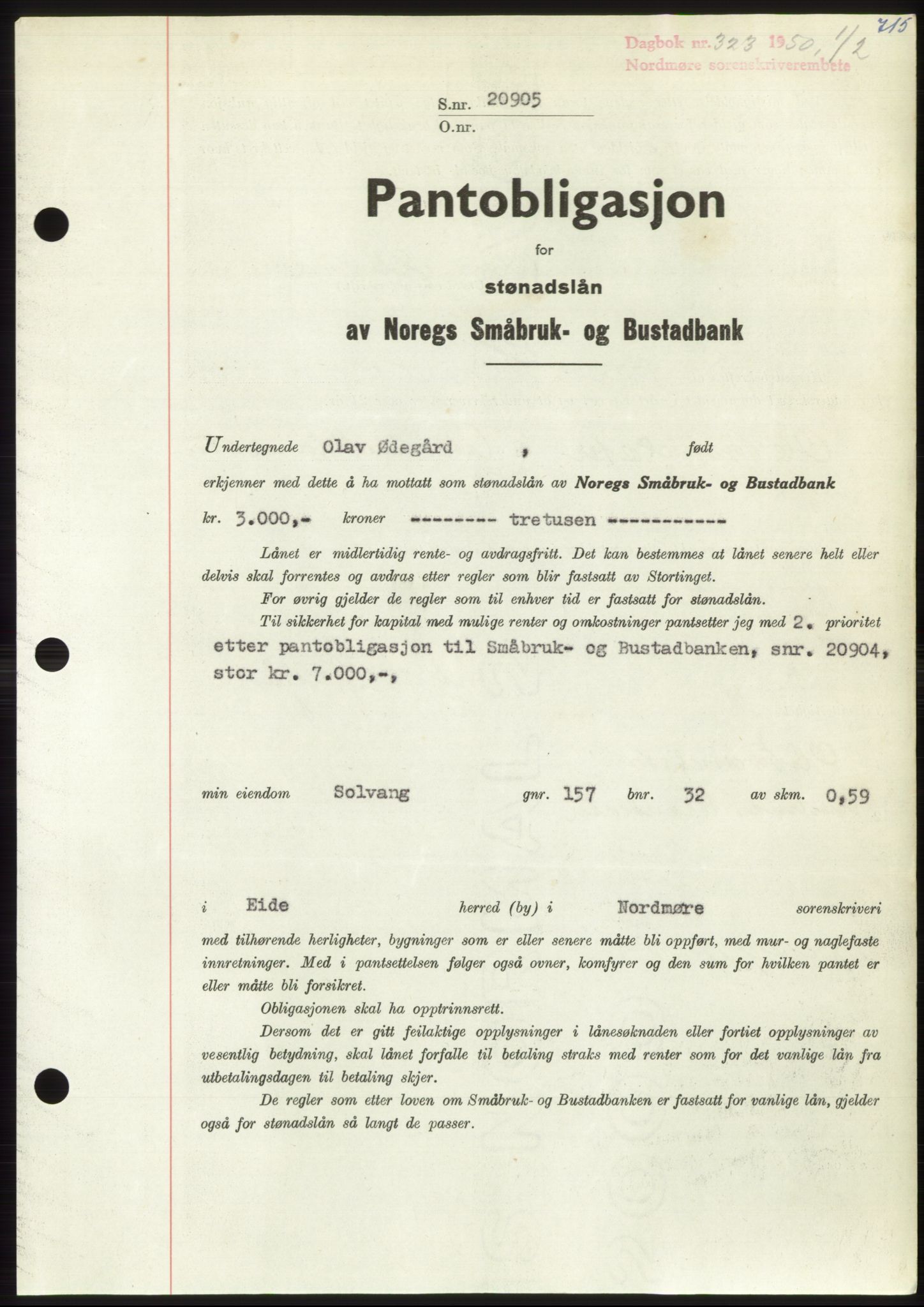 Nordmøre sorenskriveri, AV/SAT-A-4132/1/2/2Ca: Mortgage book no. B103, 1949-1950, Diary no: : 323/1950