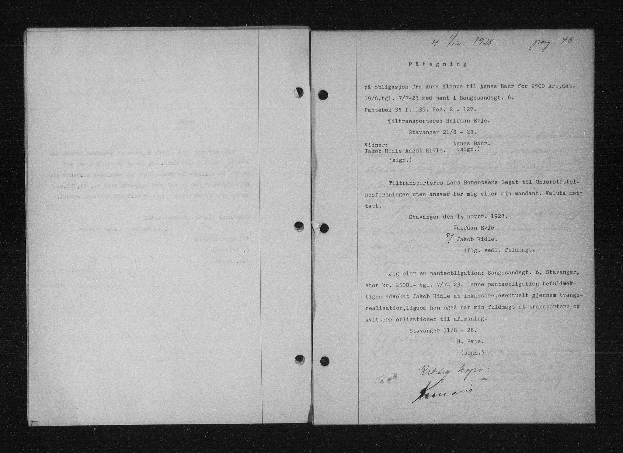 Stavanger byfogd, AV/SAST-A-101408/001/4/41/410/410BB/L0055: Mortgage book no. 43, 1928-1929, Deed date: 01.12.1928