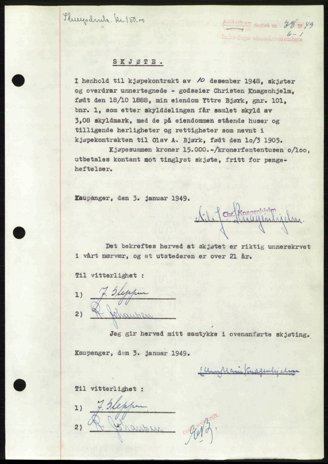 Indre Sogn tingrett, SAB/A-3301/1/G/Gb/Gbb/L0010: Mortgage book no. A10, 1949-1949, Diary no: : 38/1949