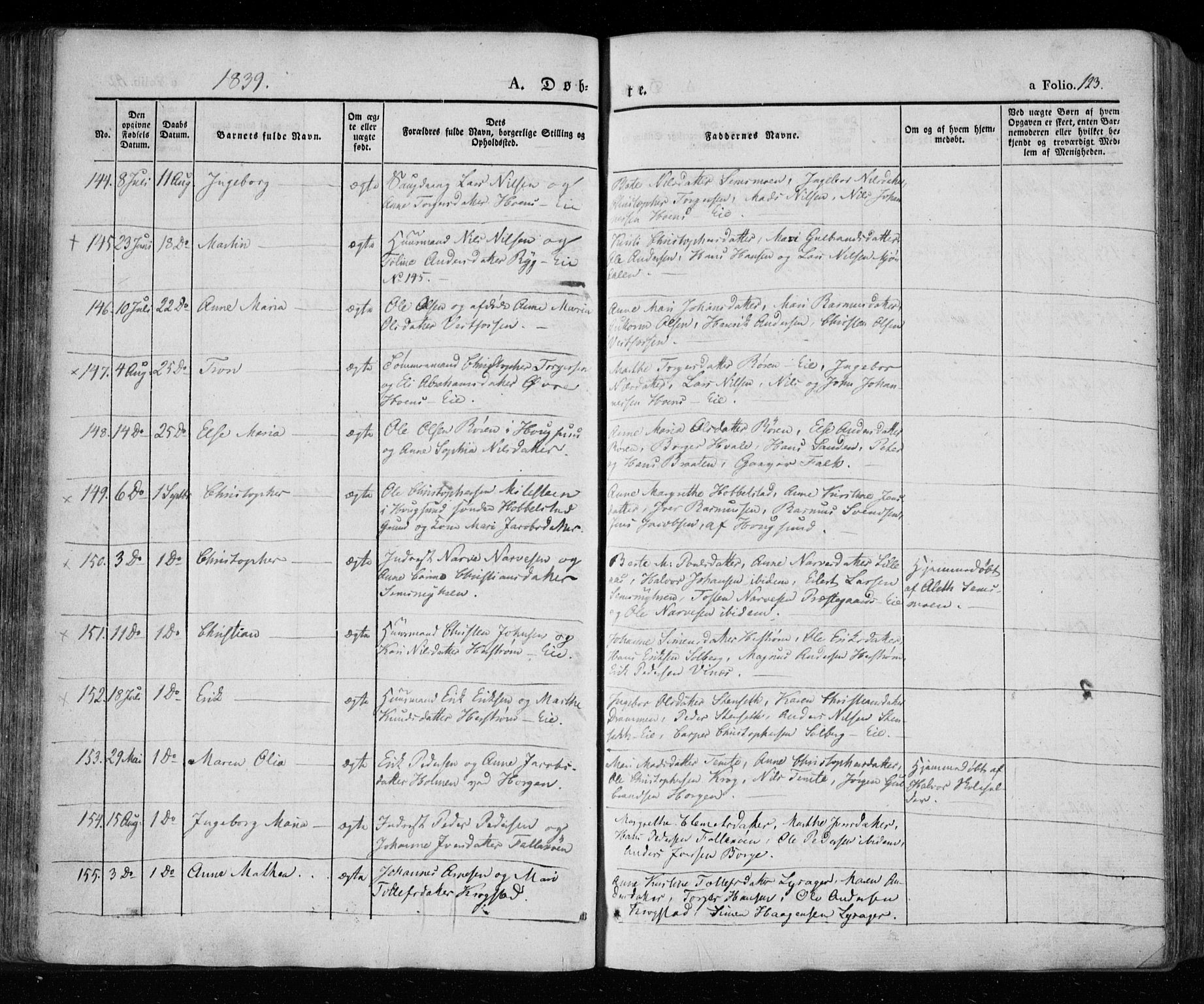 Eiker kirkebøker, SAKO/A-4/F/Fa/L0013a: Parish register (official) no. I 13A, 1832-1845, p. 123