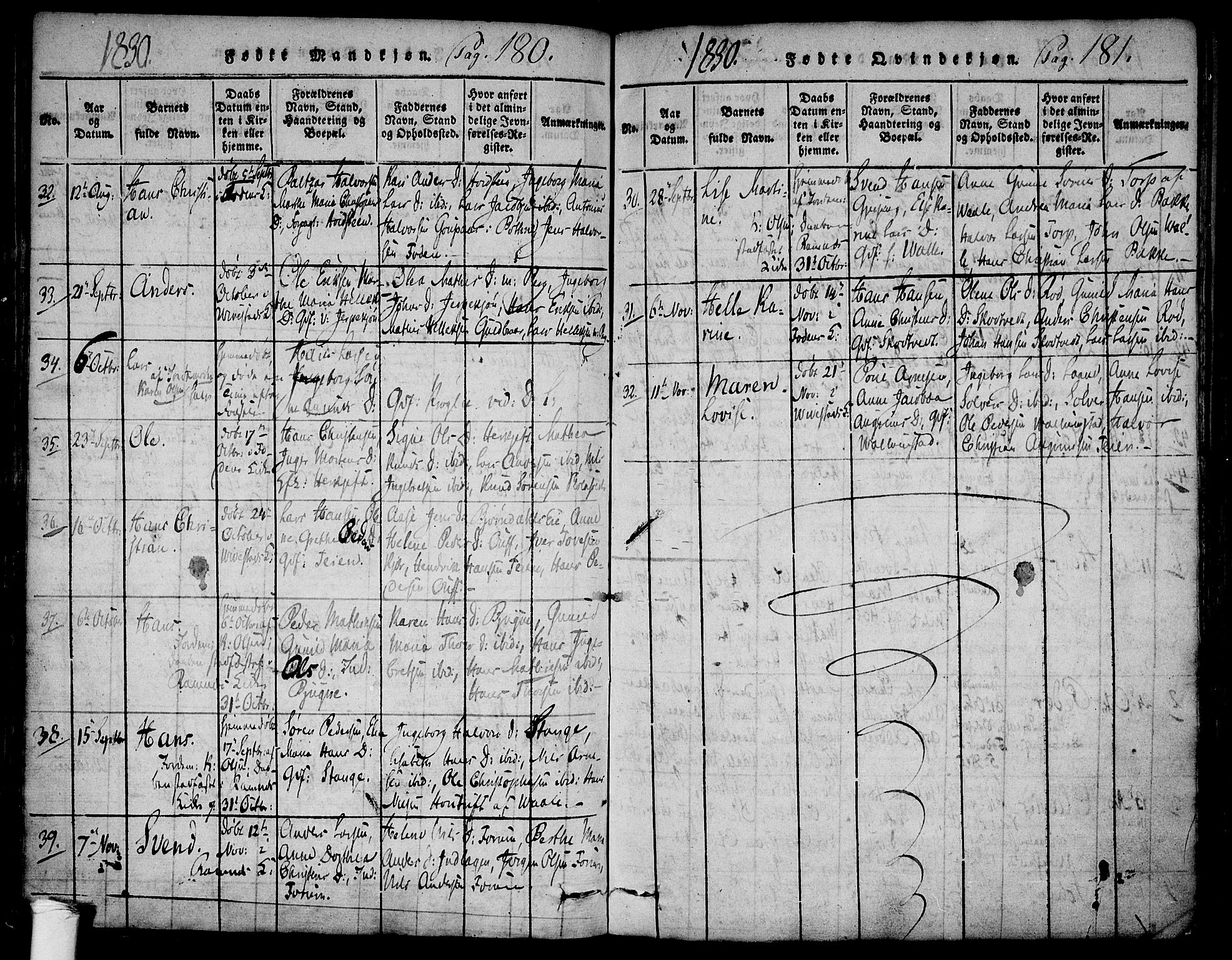 Ramnes kirkebøker, SAKO/A-314/F/Fa/L0004: Parish register (official) no. I 4, 1813-1840, p. 180-181