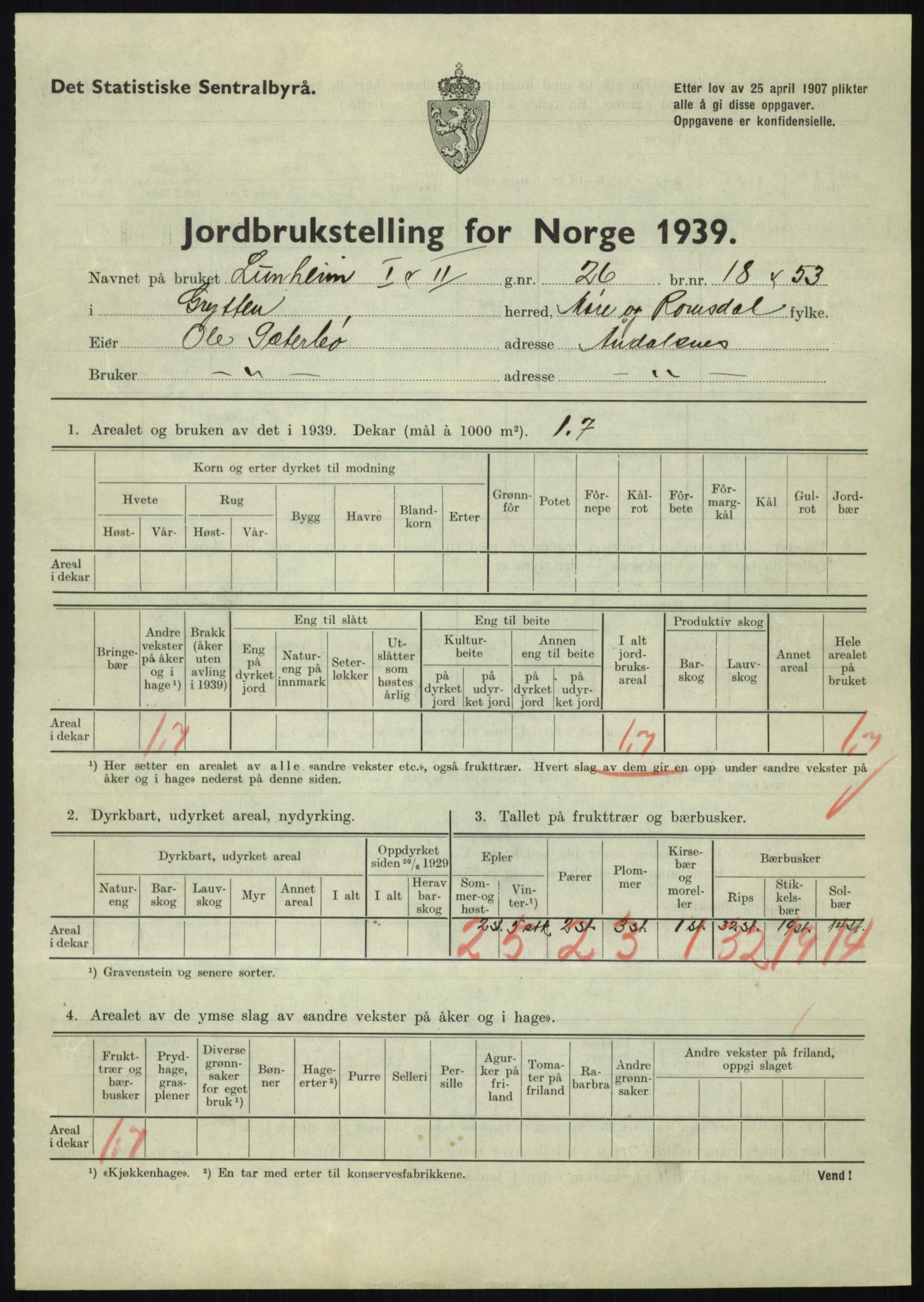 Statistisk sentralbyrå, Næringsøkonomiske emner, Jordbruk, skogbruk, jakt, fiske og fangst, AV/RA-S-2234/G/Gb/L0251: Møre og Romsdal: Voll, Eid, Grytten og Hen, 1939, p. 553