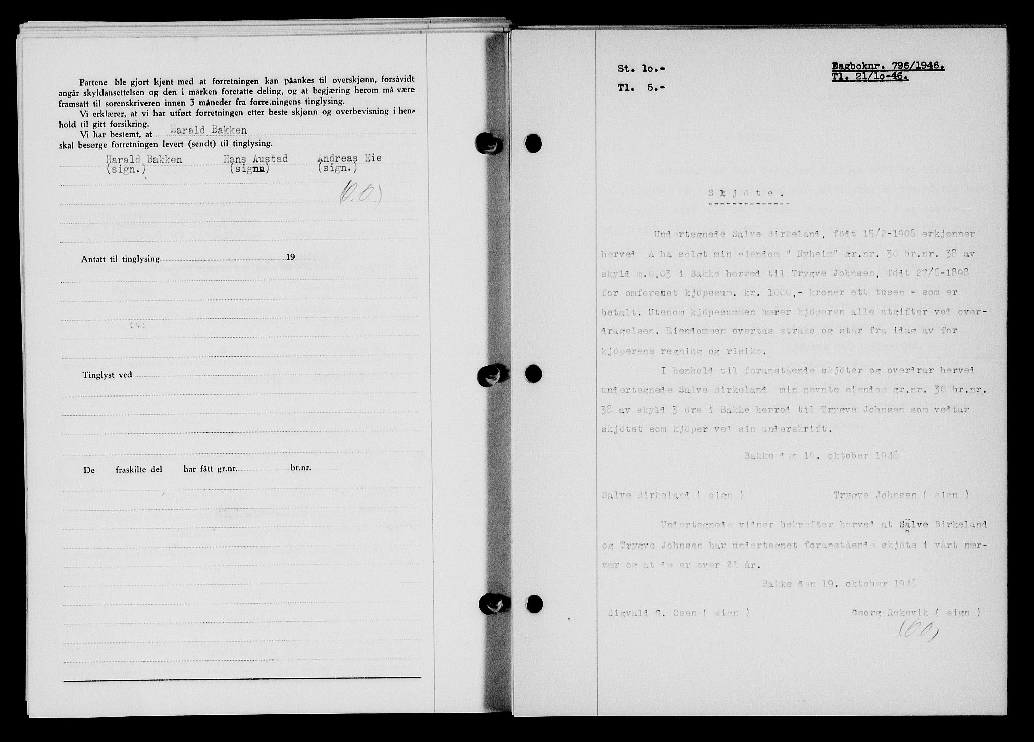 Flekkefjord sorenskriveri, AV/SAK-1221-0001/G/Gb/Gba/L0061: Mortgage book no. A-9, 1946-1947, Diary no: : 796/1946