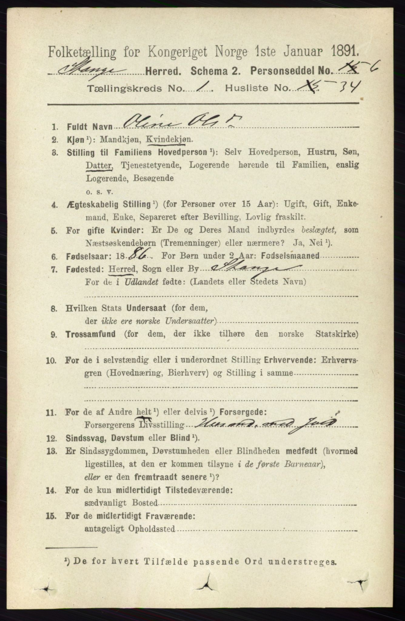 RA, 1891 census for 0417 Stange, 1891, p. 412