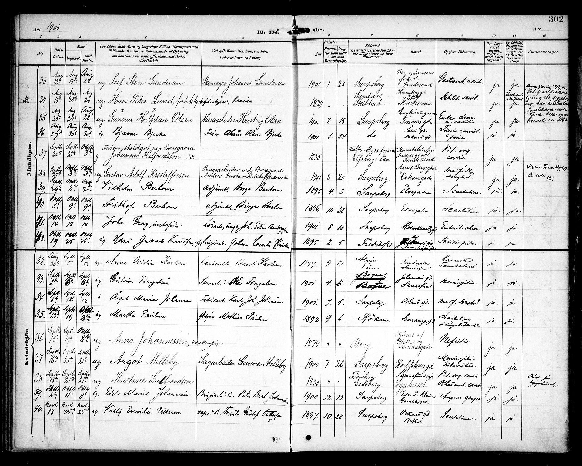 Sarpsborg prestekontor Kirkebøker, AV/SAO-A-2006/F/Fa/L0006: Parish register (official) no. 6, 1900-1909, p. 302