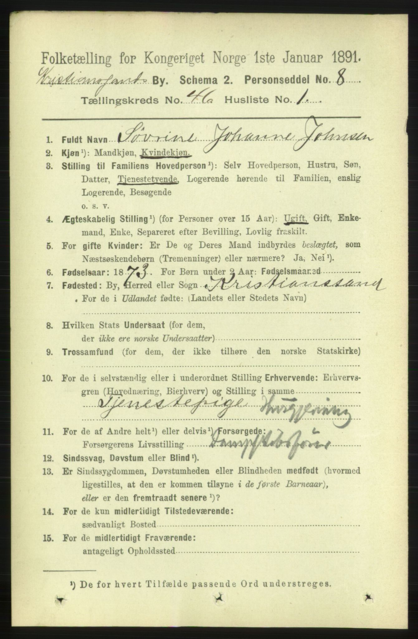 RA, 1891 census for 1001 Kristiansand, 1891, p. 14007