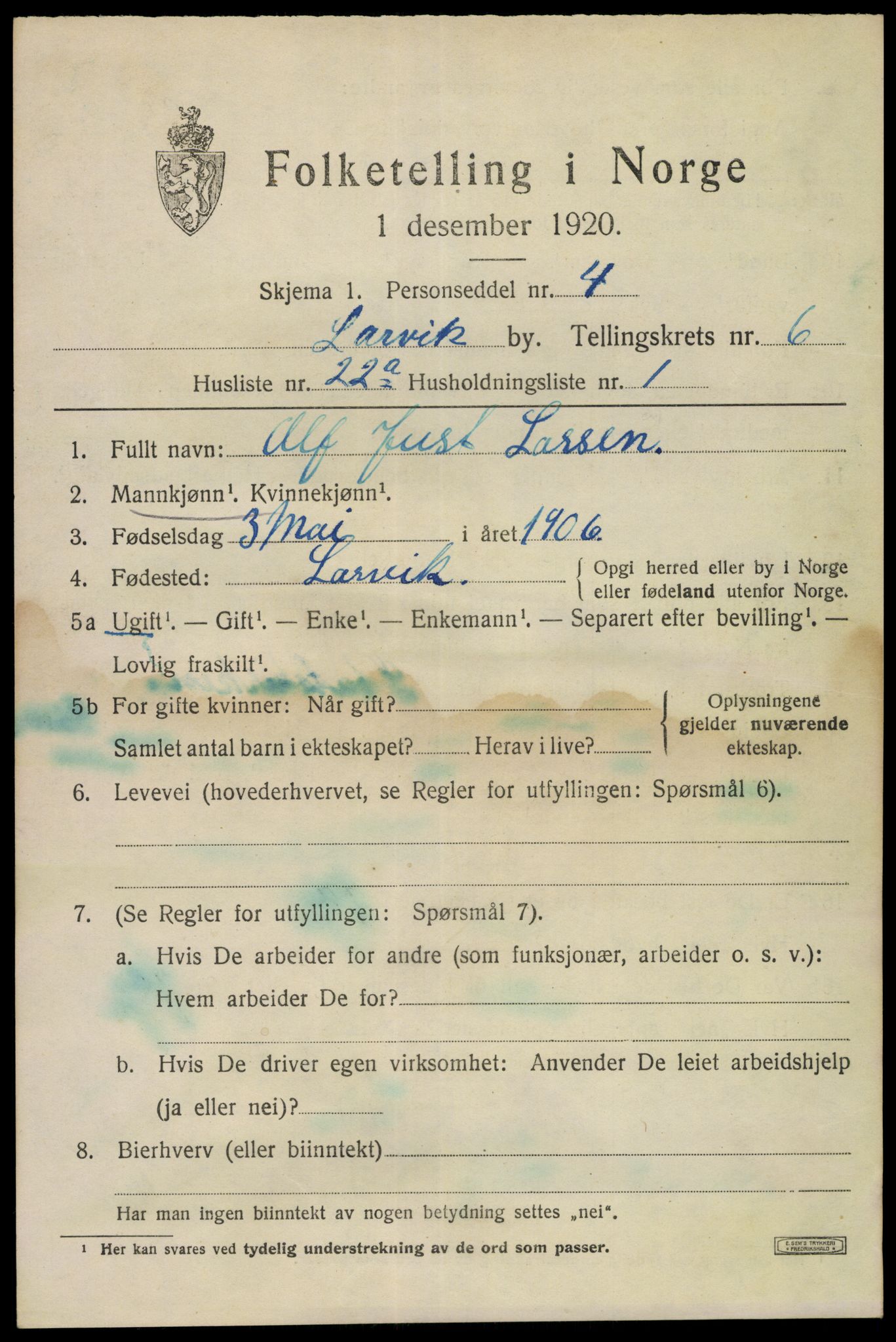 SAKO, 1920 census for Larvik, 1920, p. 18442