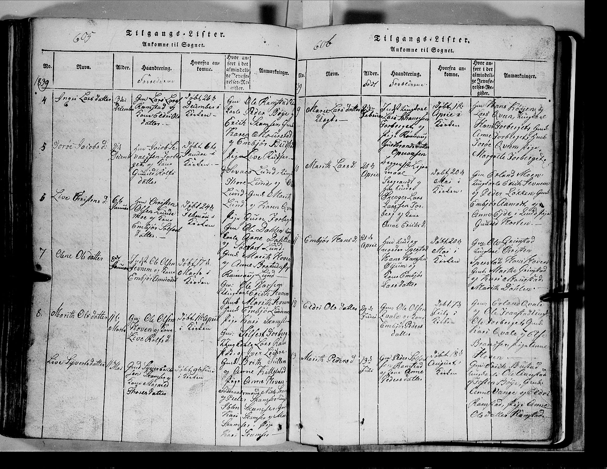 Lom prestekontor, SAH/PREST-070/L/L0003: Parish register (copy) no. 3, 1815-1844, p. 605-606