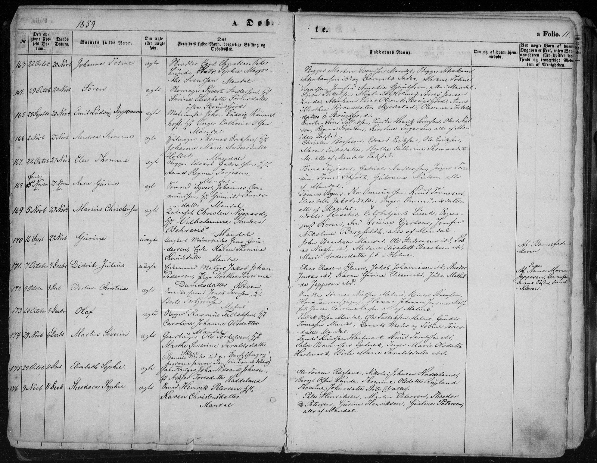 Mandal sokneprestkontor, AV/SAK-1111-0030/F/Fa/Faa/L0014: Parish register (official) no. A 14, 1859-1872, p. 11