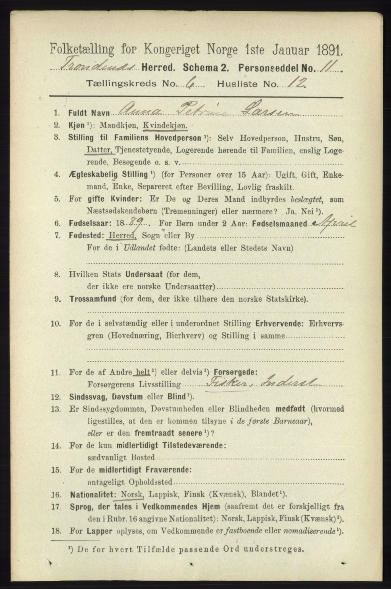 RA, 1891 census for 1914 Trondenes, 1891, p. 3887