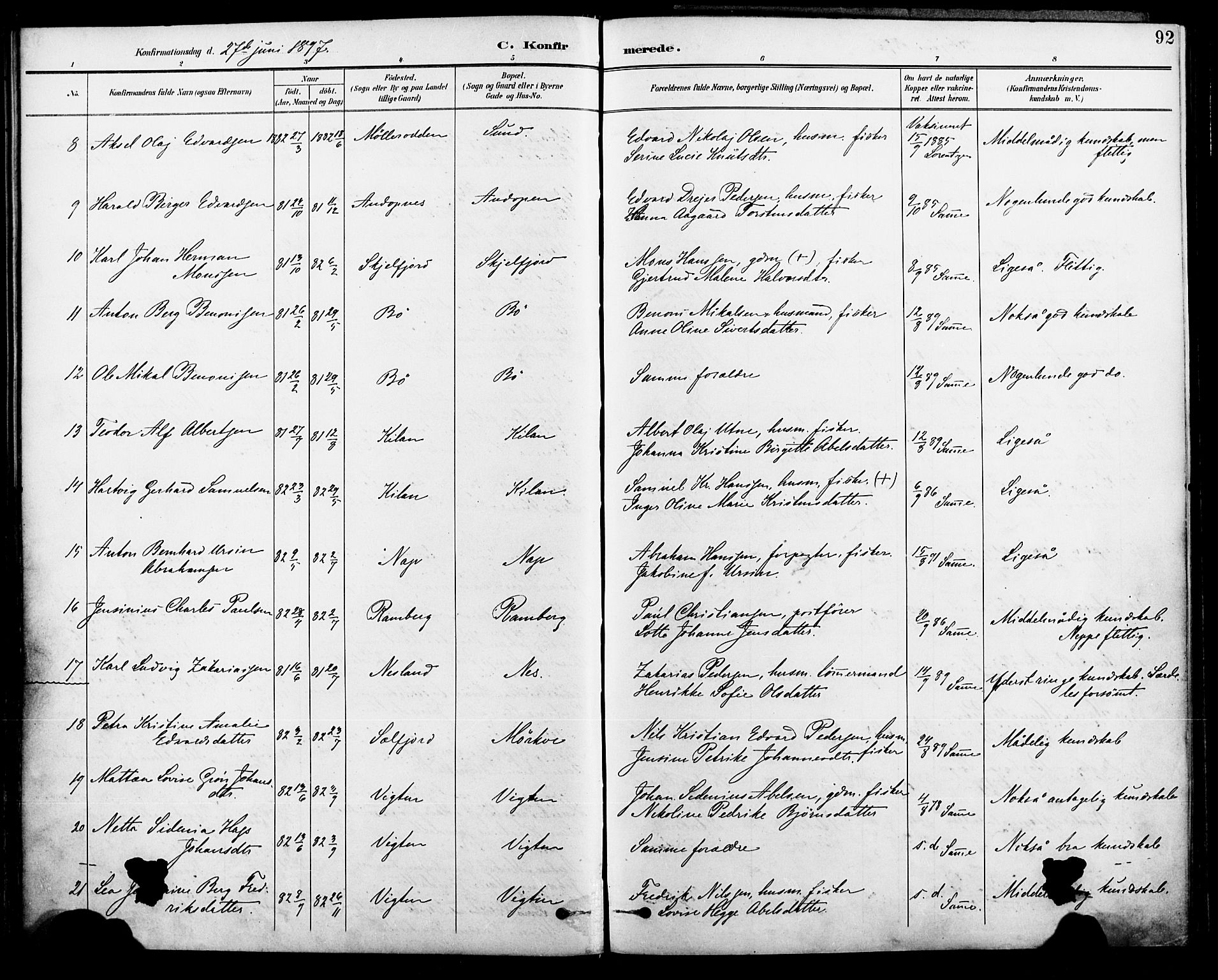 Ministerialprotokoller, klokkerbøker og fødselsregistre - Nordland, AV/SAT-A-1459/885/L1205: Parish register (official) no. 885A06, 1892-1905, p. 92