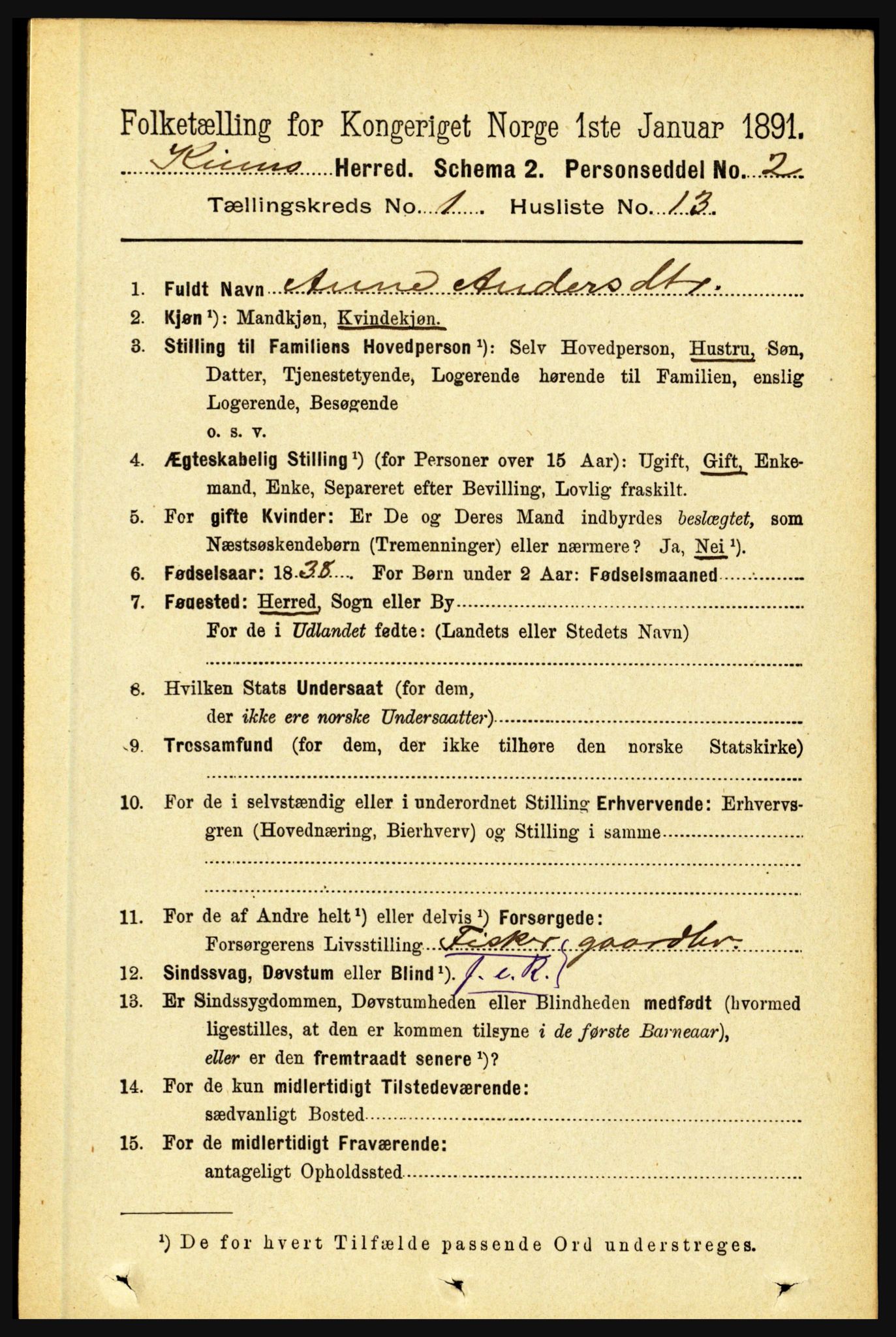 RA, 1891 census for 1437 Kinn, 1891, p. 175