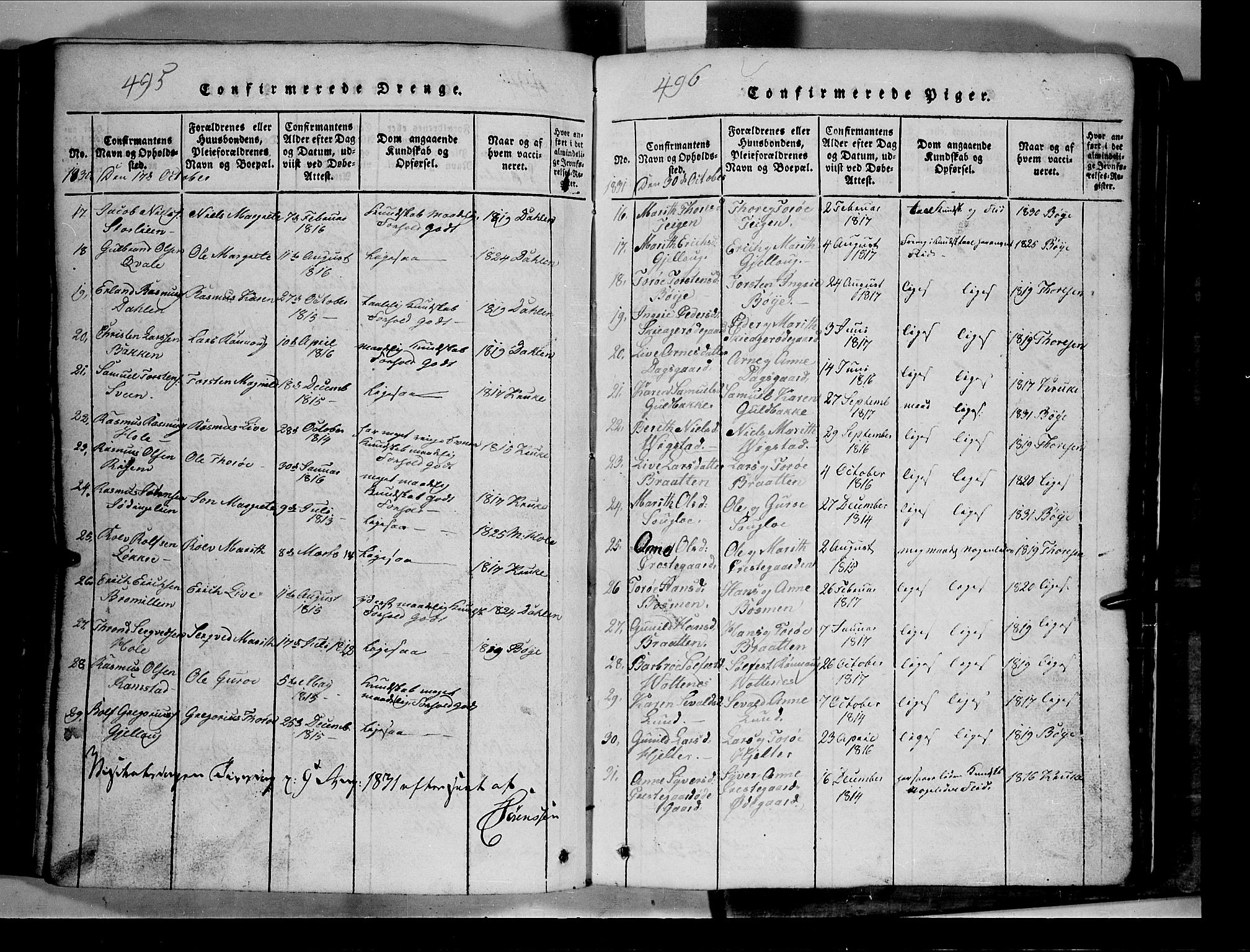 Lom prestekontor, SAH/PREST-070/L/L0003: Parish register (copy) no. 3, 1815-1844, p. 495-496