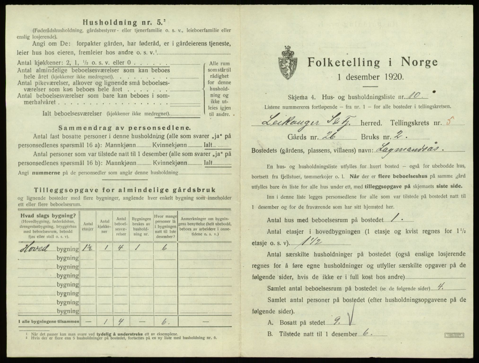 SAB, 1920 census for Leikanger, 1920, p. 540