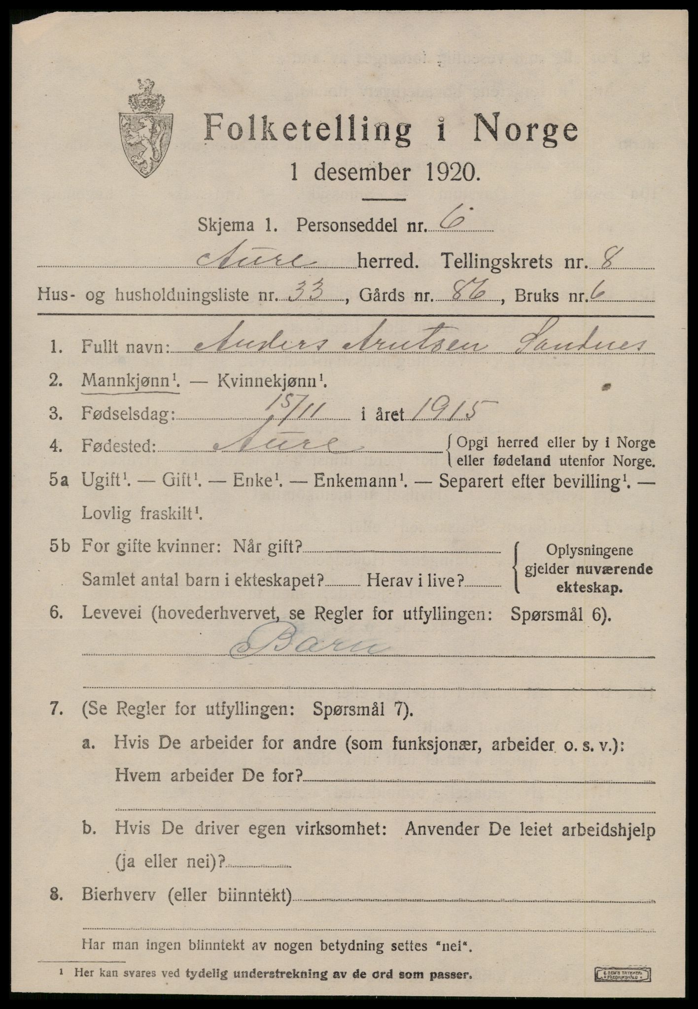 SAT, 1920 census for Aure, 1920, p. 3536