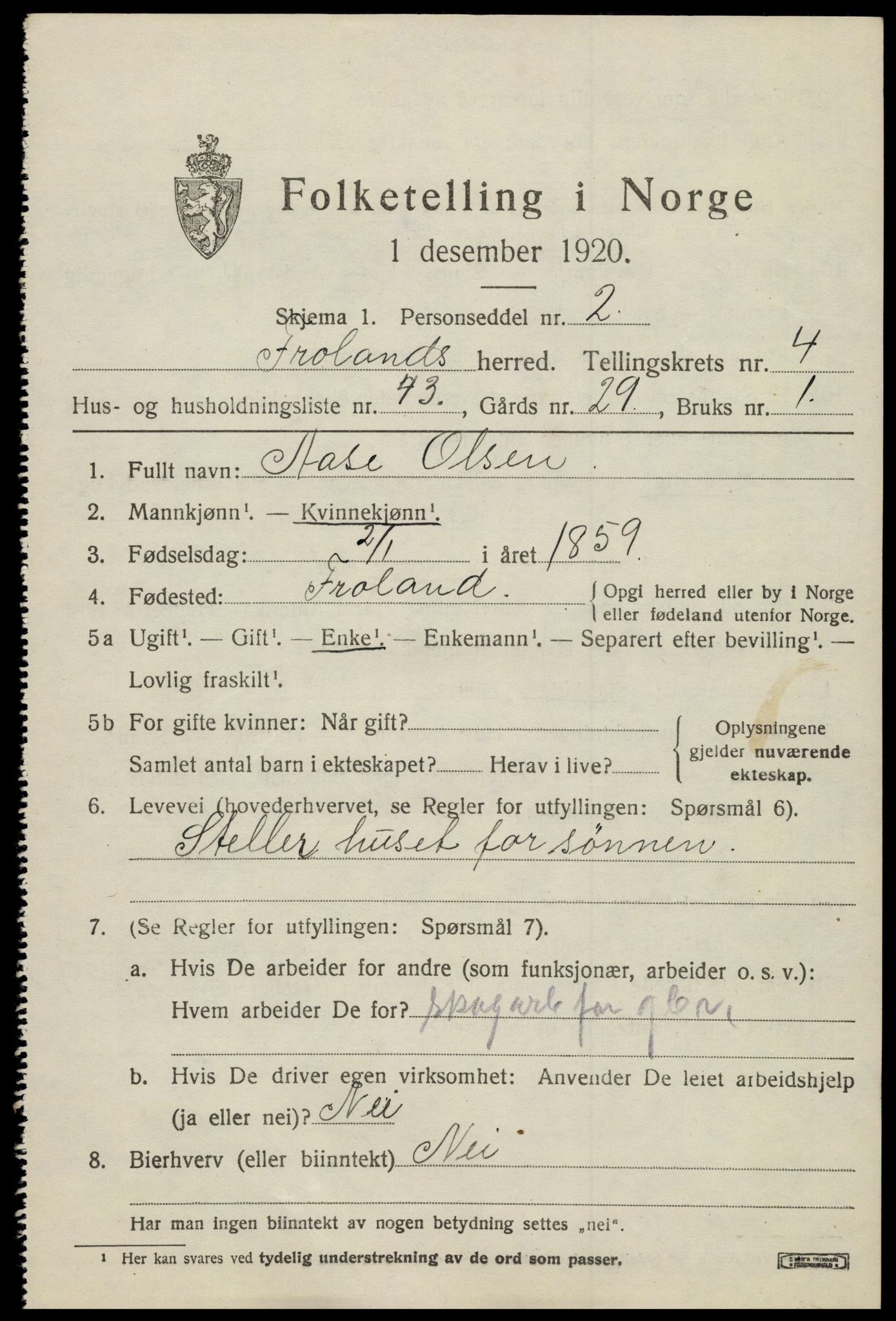 SAK, 1920 census for Froland, 1920, p. 3553