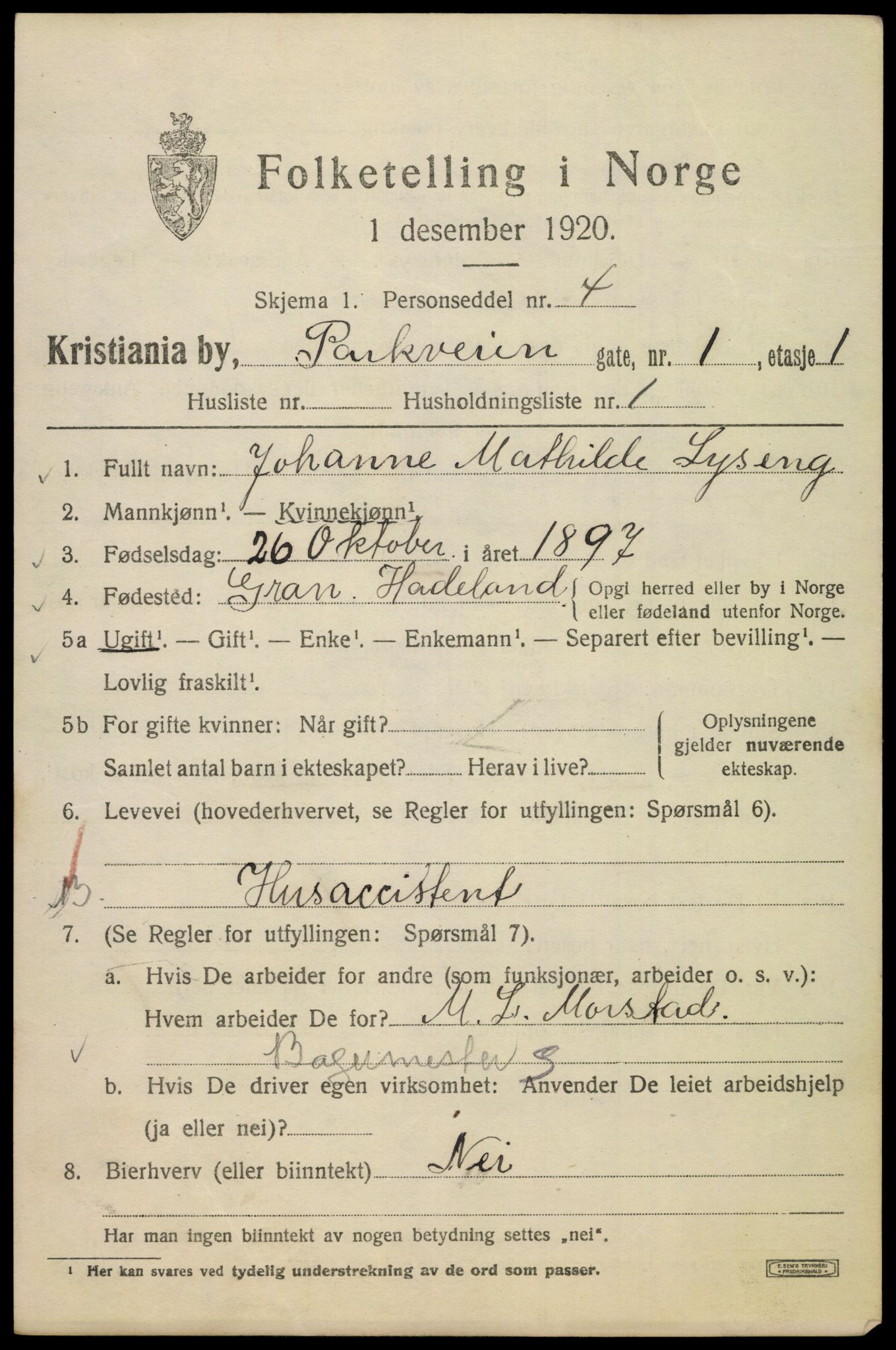 SAO, 1920 census for Kristiania, 1920, p. 442607