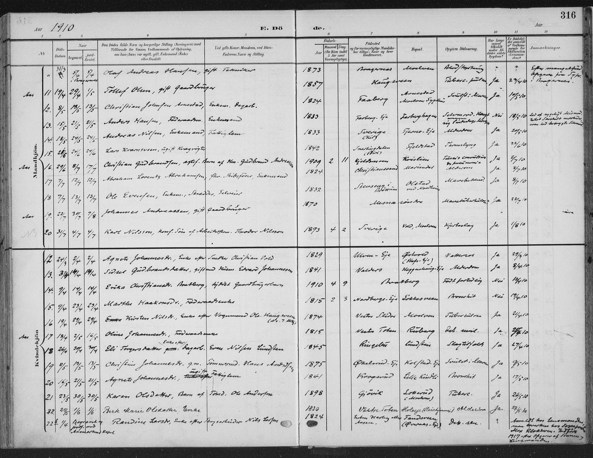 Ringsaker prestekontor, SAH/PREST-014/K/Ka/L0018: Parish register (official) no. 18, 1903-1912, p. 316