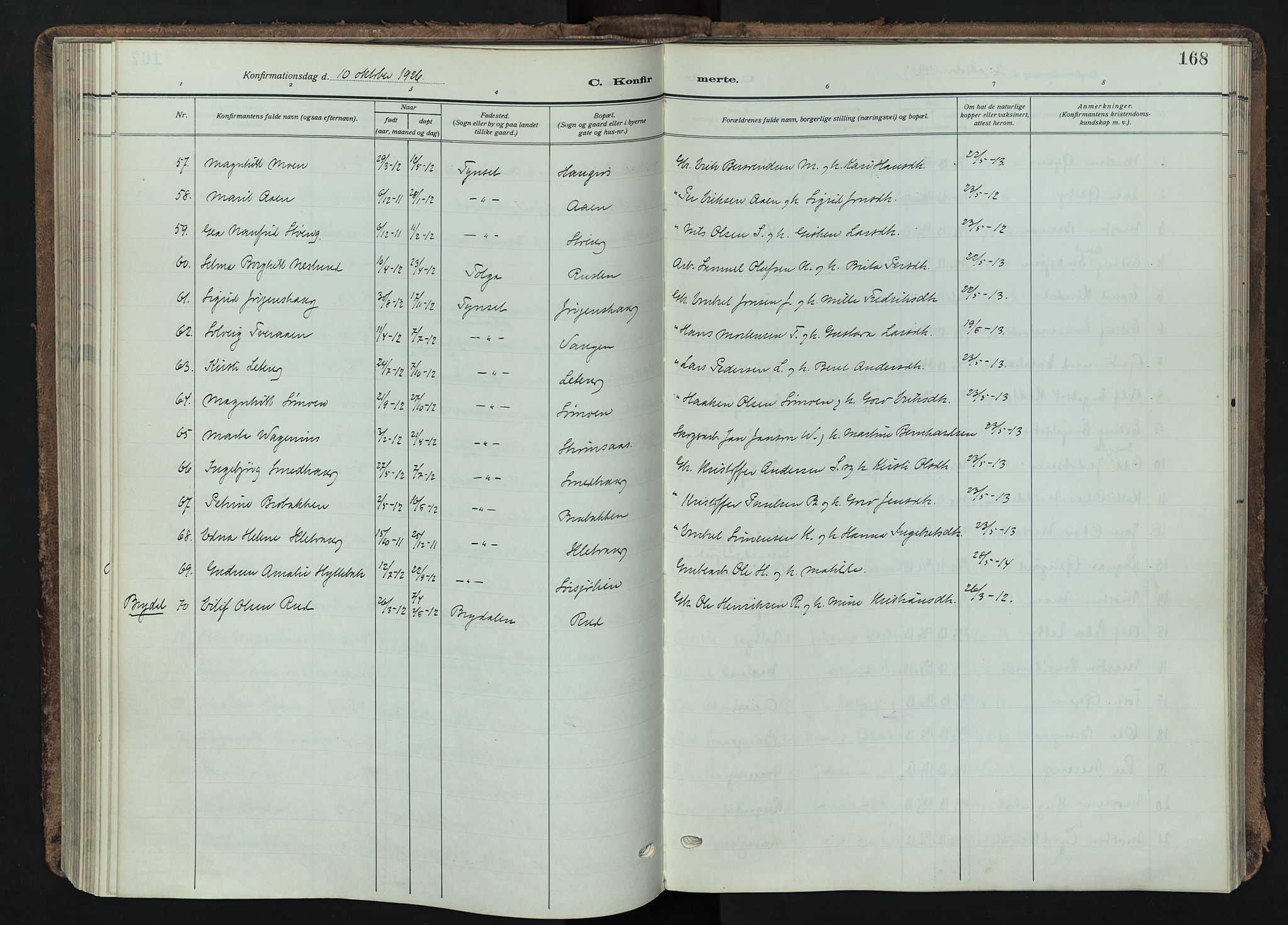 Tynset prestekontor, SAH/PREST-058/H/Ha/Haa/L0026: Parish register (official) no. 26, 1915-1929, p. 168