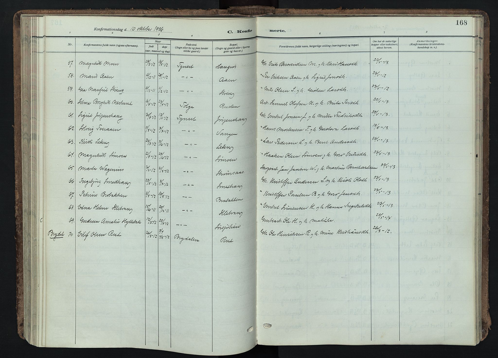 Tynset prestekontor, AV/SAH-PREST-058/H/Ha/Haa/L0026: Parish register (official) no. 26, 1915-1929, p. 168