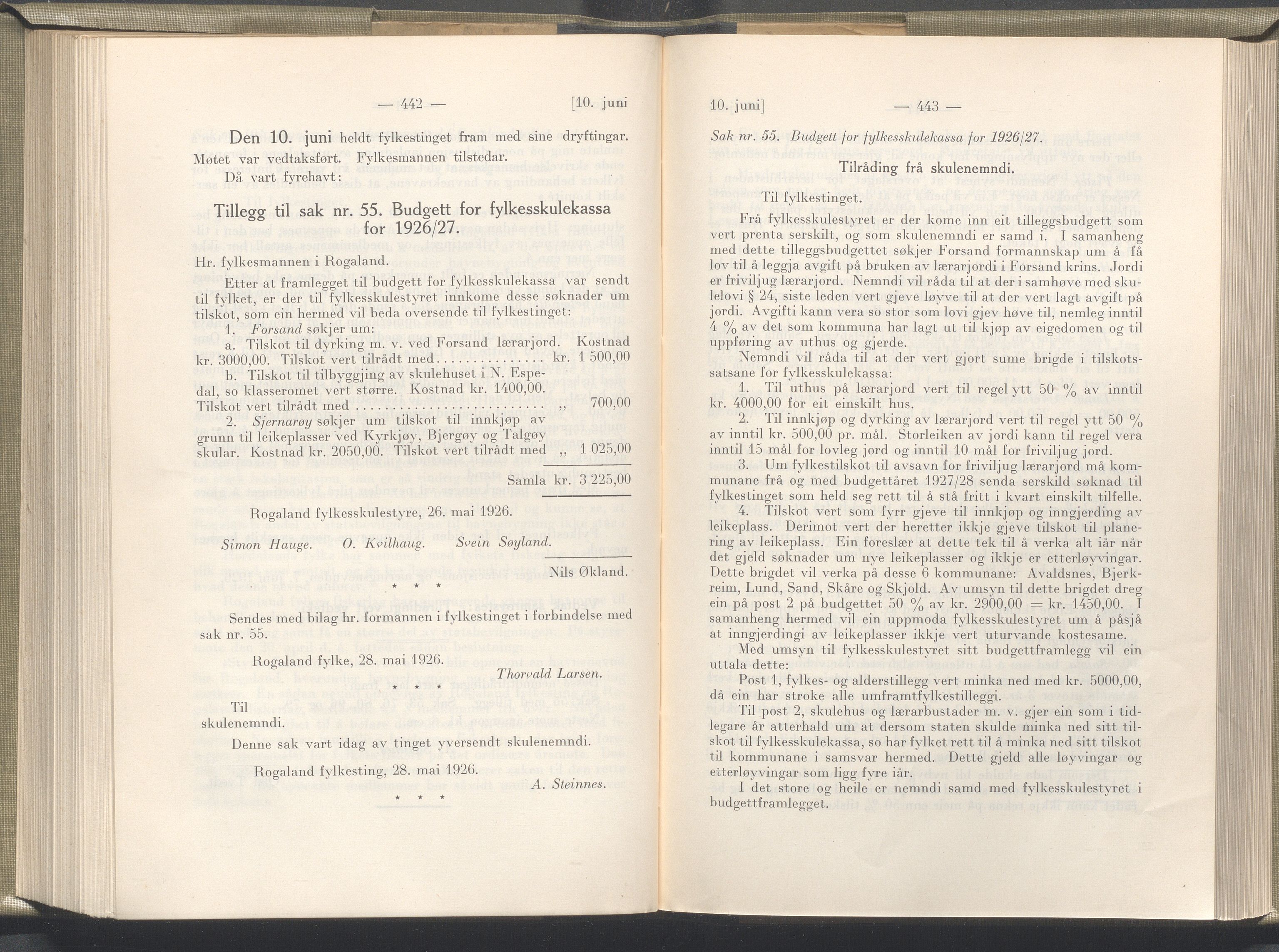 Rogaland fylkeskommune - Fylkesrådmannen , IKAR/A-900/A/Aa/Aaa/L0045: Møtebok , 1926, p. 442-443