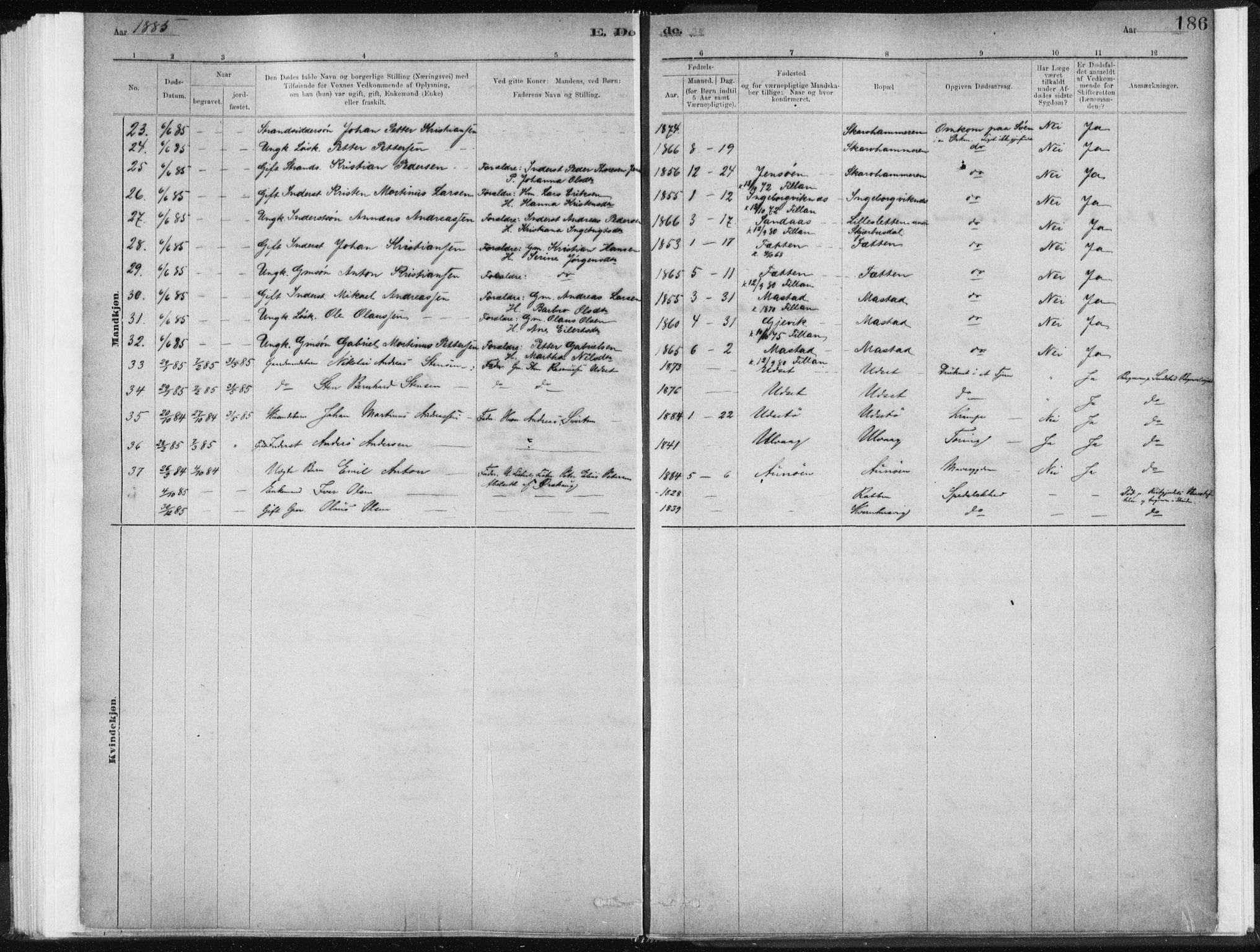 Ministerialprotokoller, klokkerbøker og fødselsregistre - Sør-Trøndelag, AV/SAT-A-1456/637/L0558: Parish register (official) no. 637A01, 1882-1899, p. 186